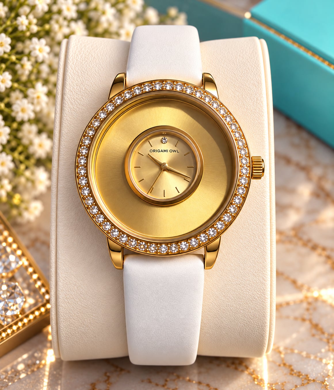 Origami Owl Gold Tone Rhinestone Accent Watch White Leather Strap 1