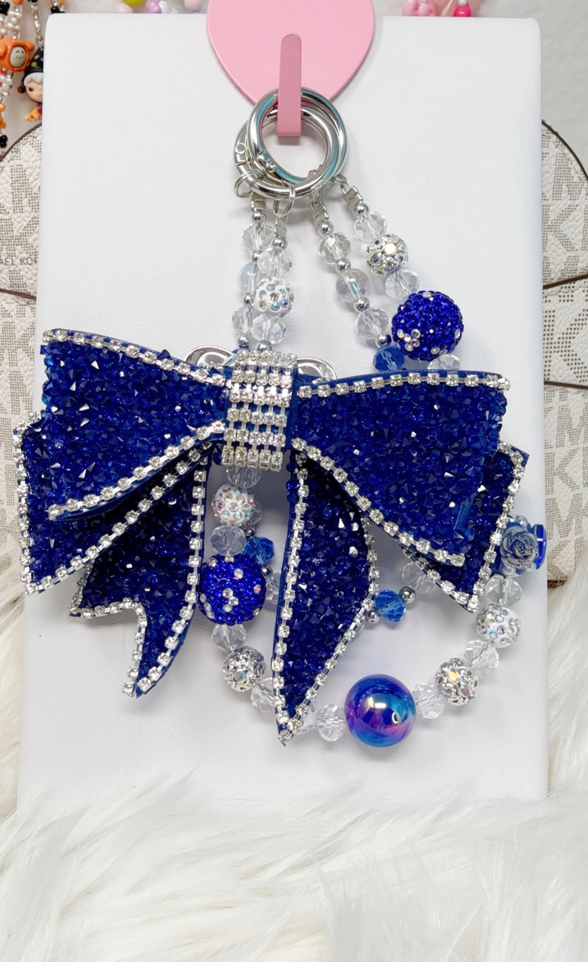 Handmade Blue Crystal Rhinestone Bow Bag Charm Beaded Chain 2