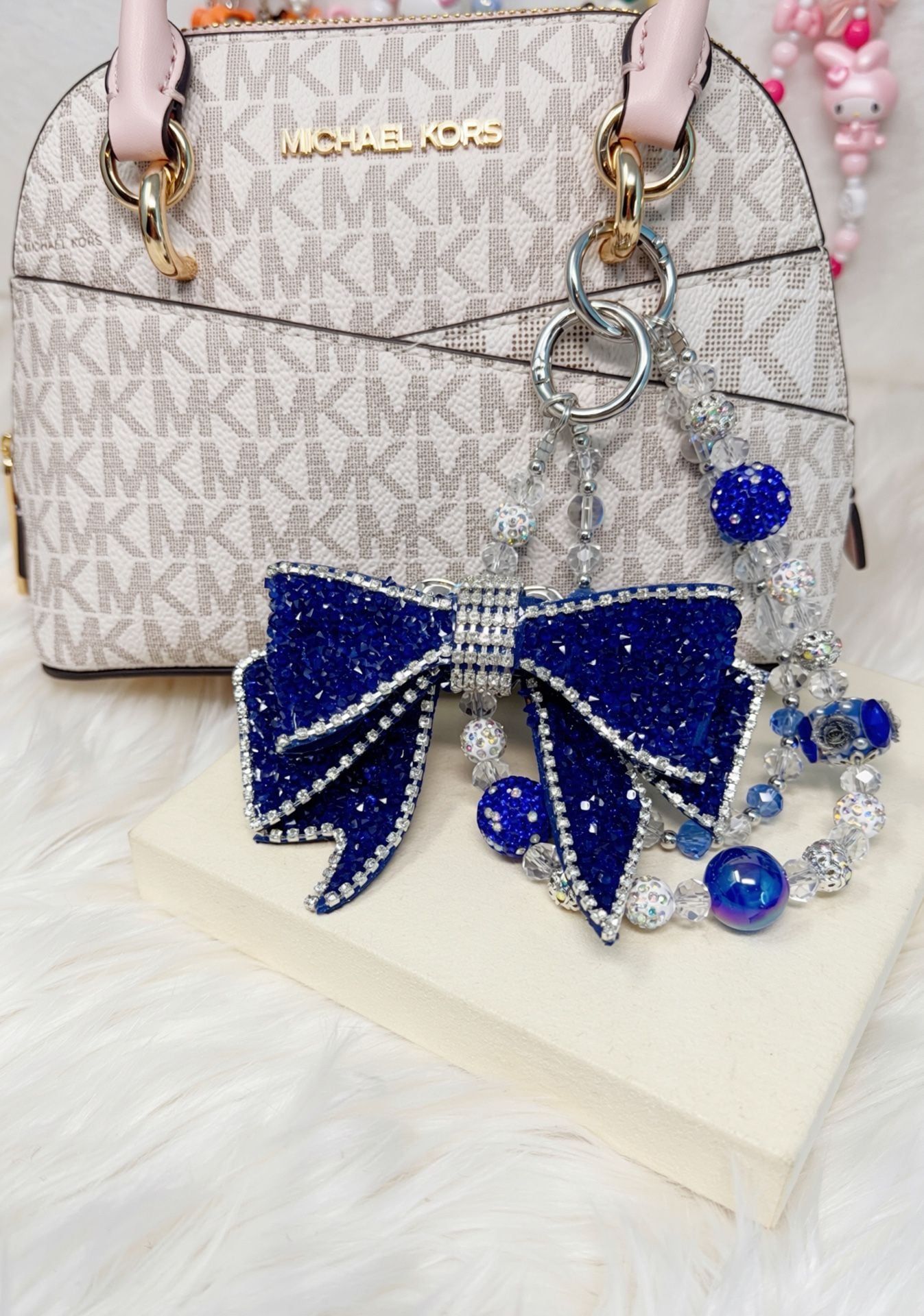Handmade Blue Crystal Rhinestone Bow Bag Charm Beaded Chain 3