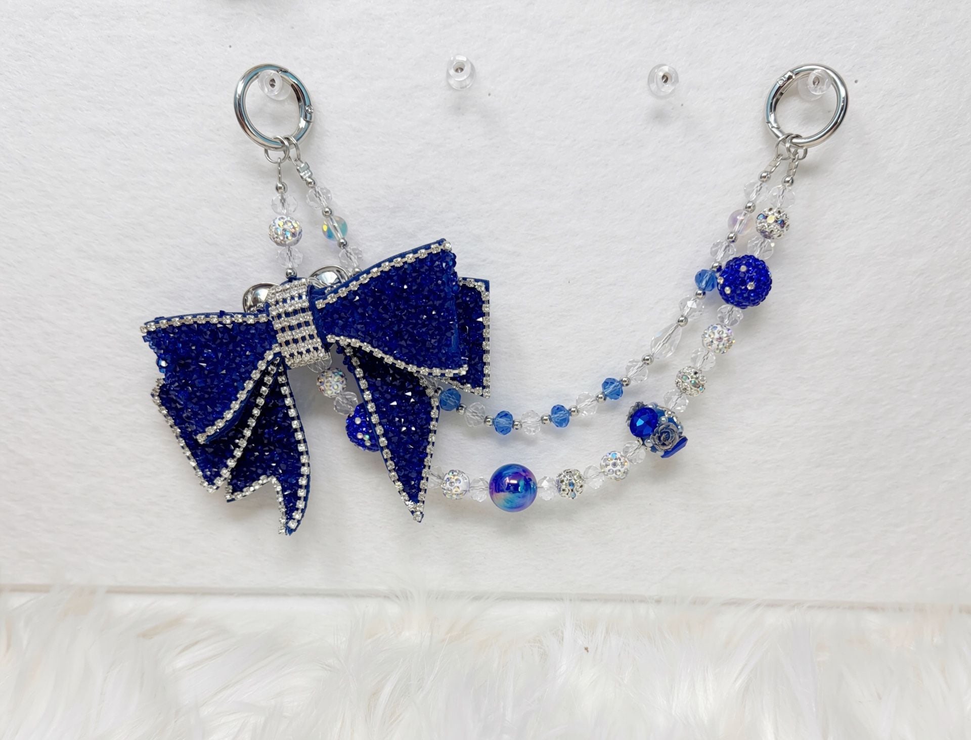 Handmade Blue Crystal Rhinestone Bow Bag Charm Beaded Chain 4
