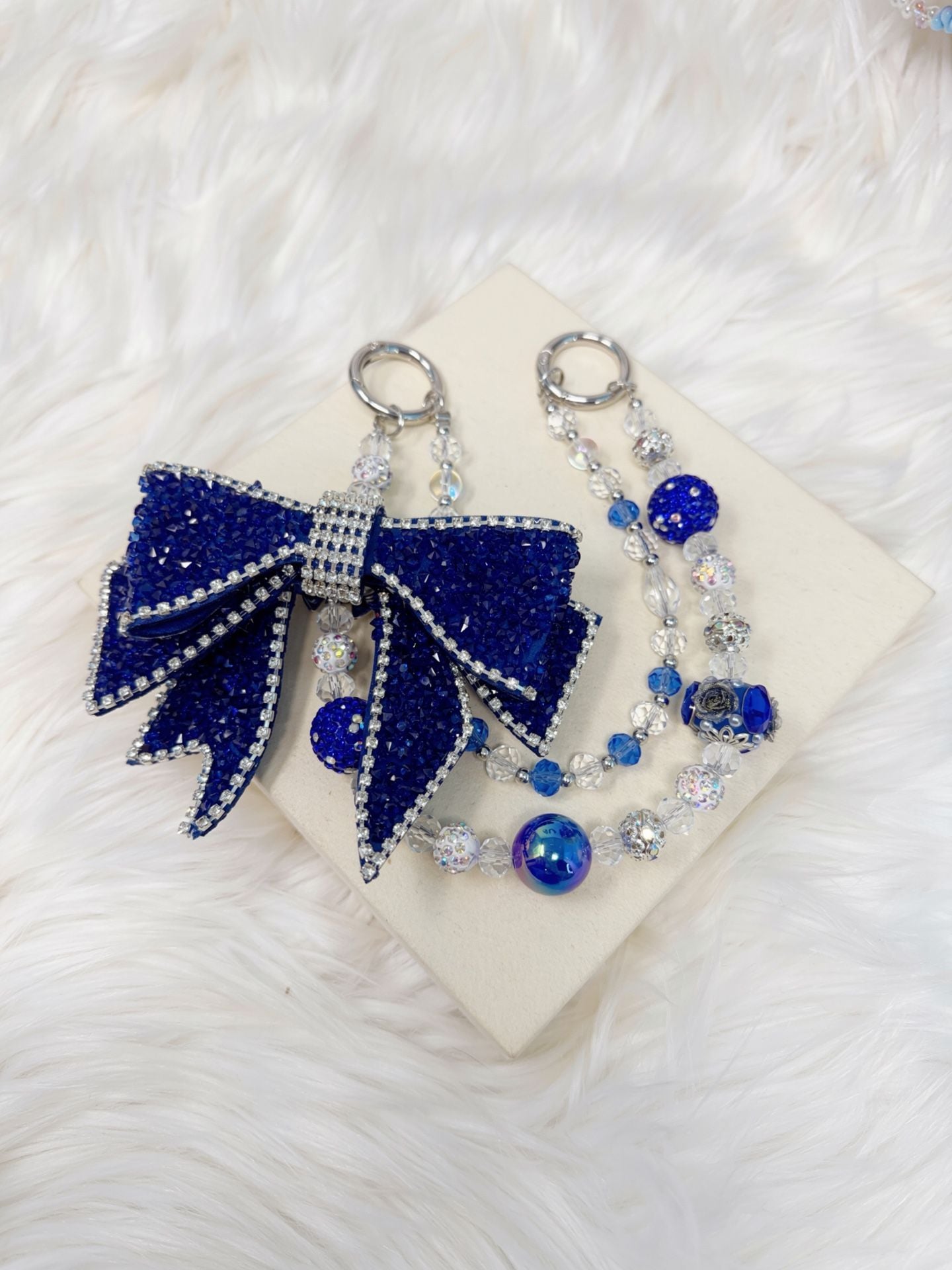Handmade Blue Crystal Rhinestone Bow Bag Charm Beaded Chain 5