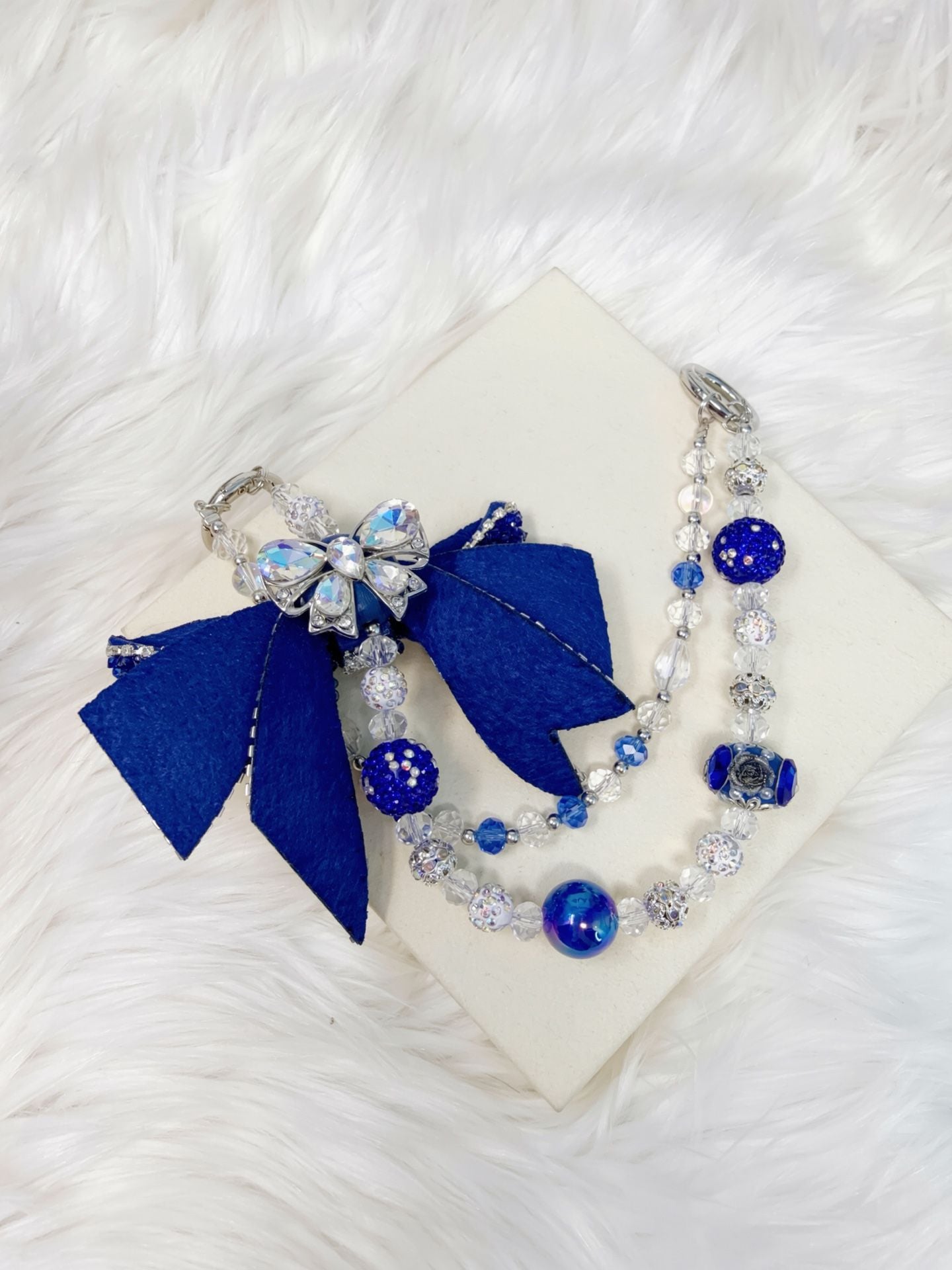Handmade Blue Crystal Rhinestone Bow Bag Charm Beaded Chain 6