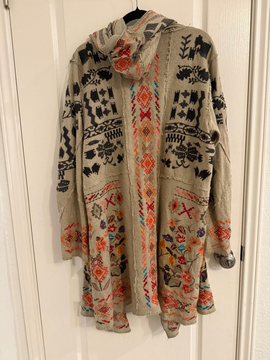Johnny Was Biya Embroidered Hooded Duster Cardigan Size L Beige Boho Sweater 7