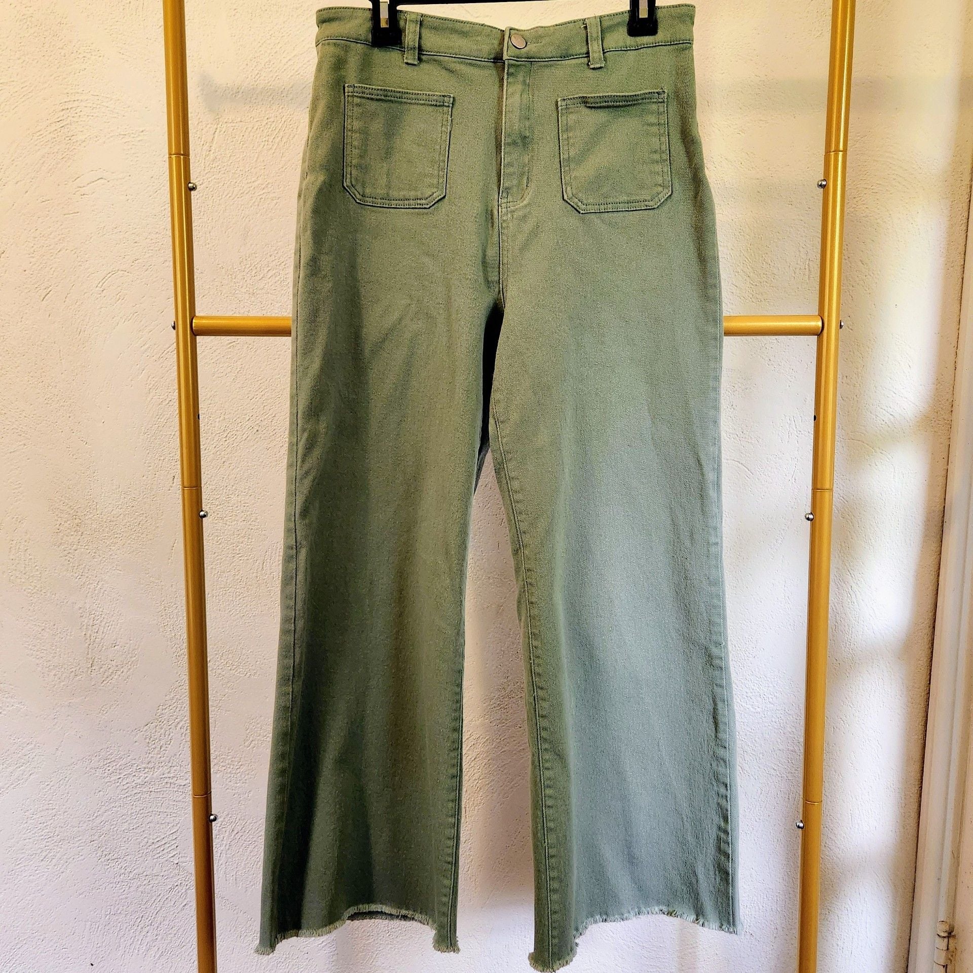 Anniewear Crop Pants Size XL Green Wide Leg Raw Hem 2