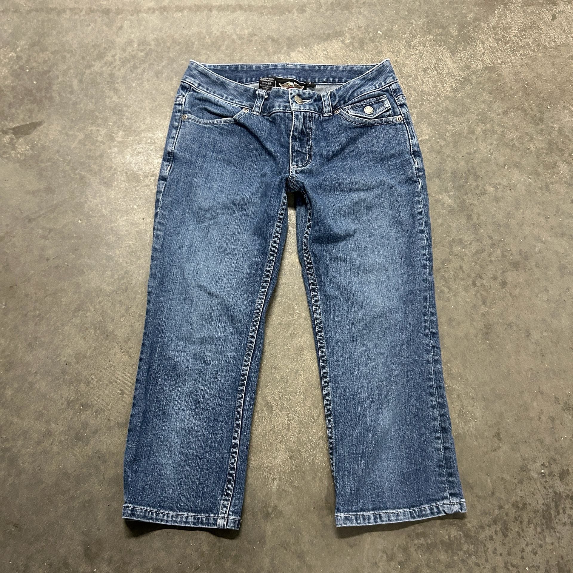 Harley Davidson Womens Size 2 Y2K Capri Jeans Embroidered Logo Cropped Denim 1