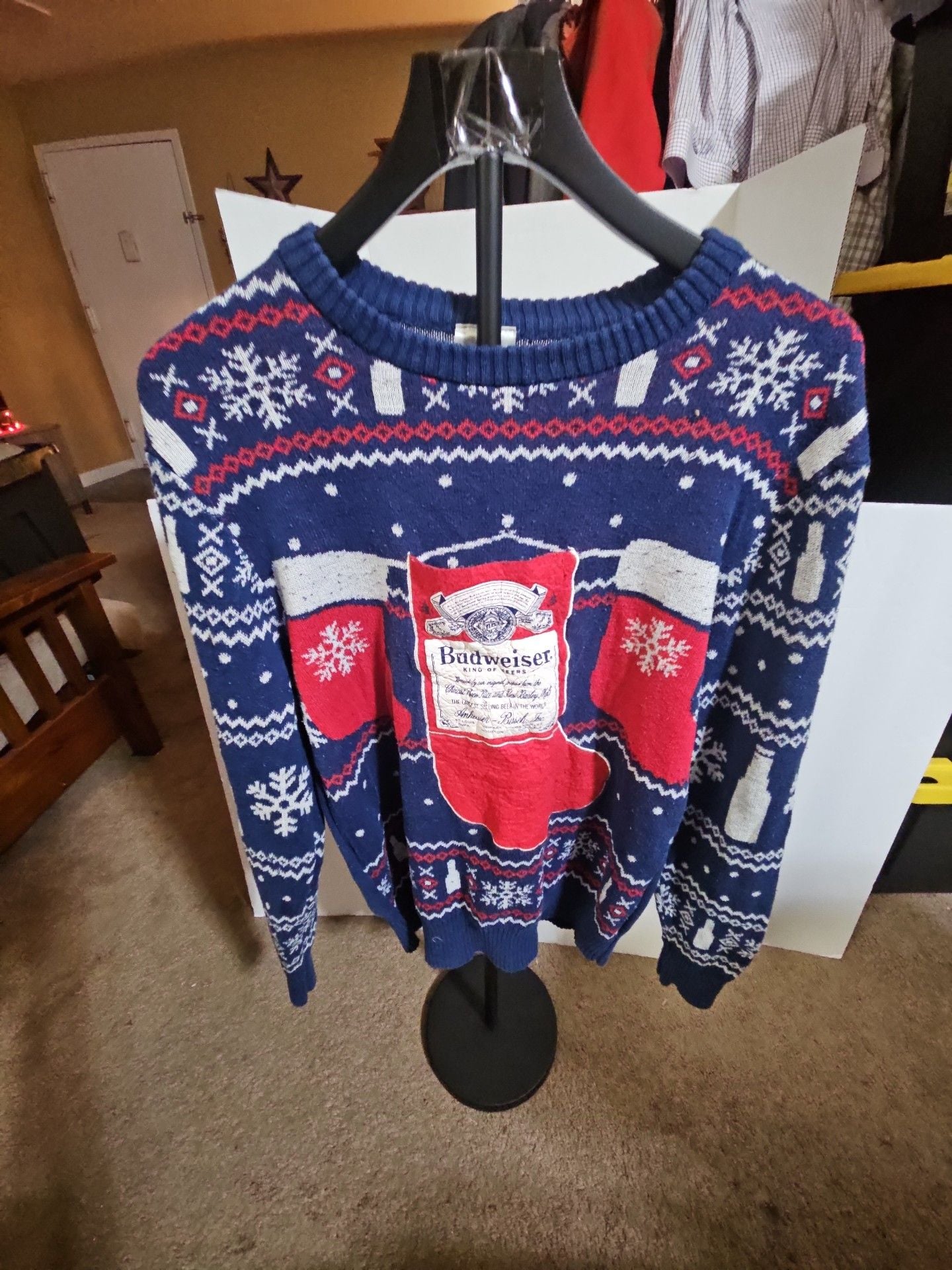Budweiser Ugly Christmas Sweater Size M Blue Holiday Stocking Pullover 2