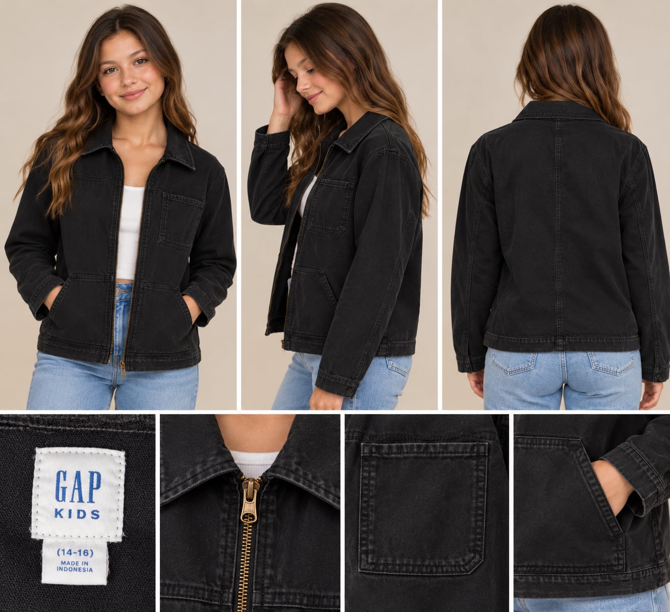 Gap Kids Denim Jacket Size 14-16 Girl’s Black Zip Front Utility 2