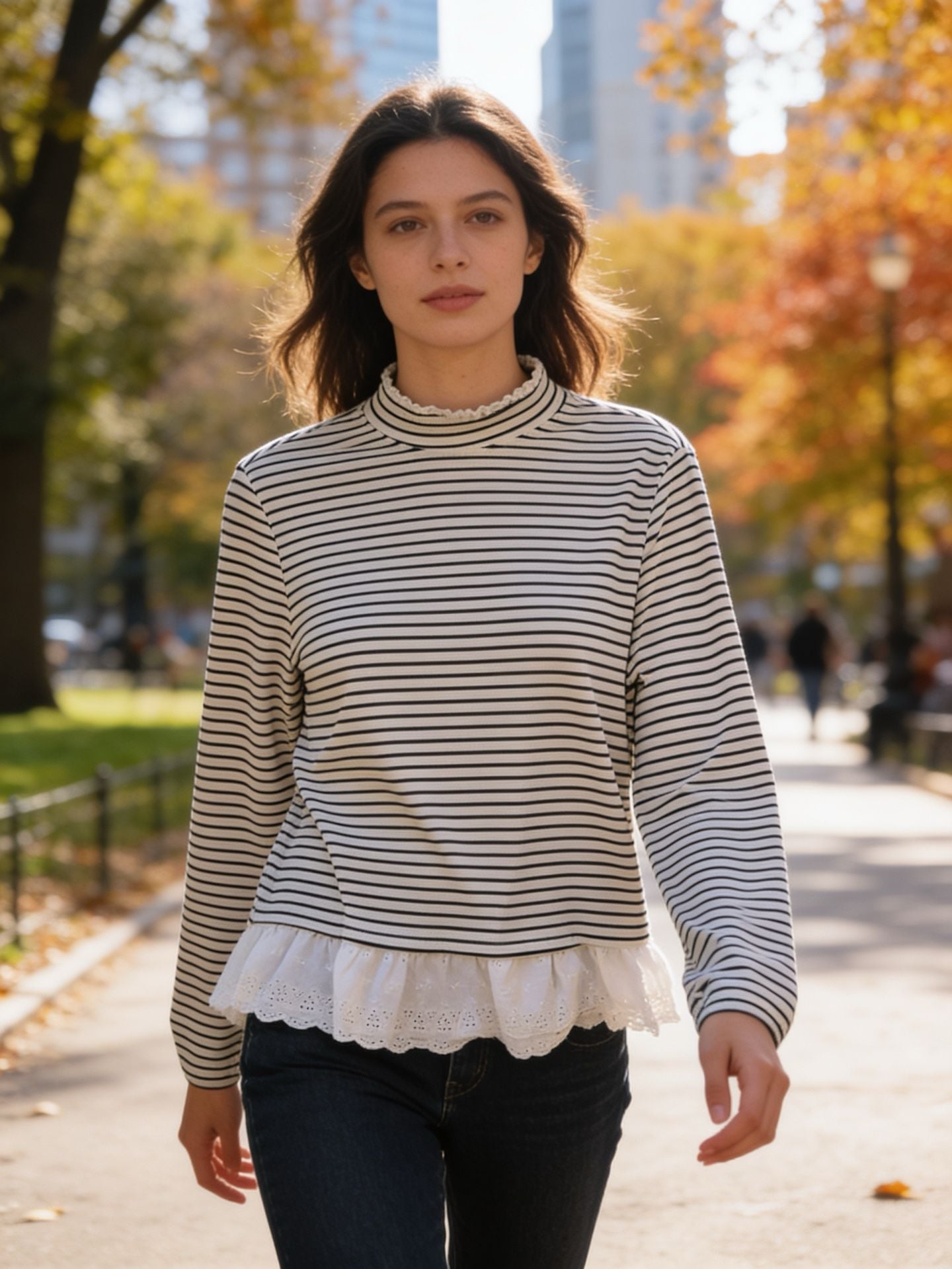 Friful Black White Striped Long Sleeve Top Size L Ruffled Hem 2