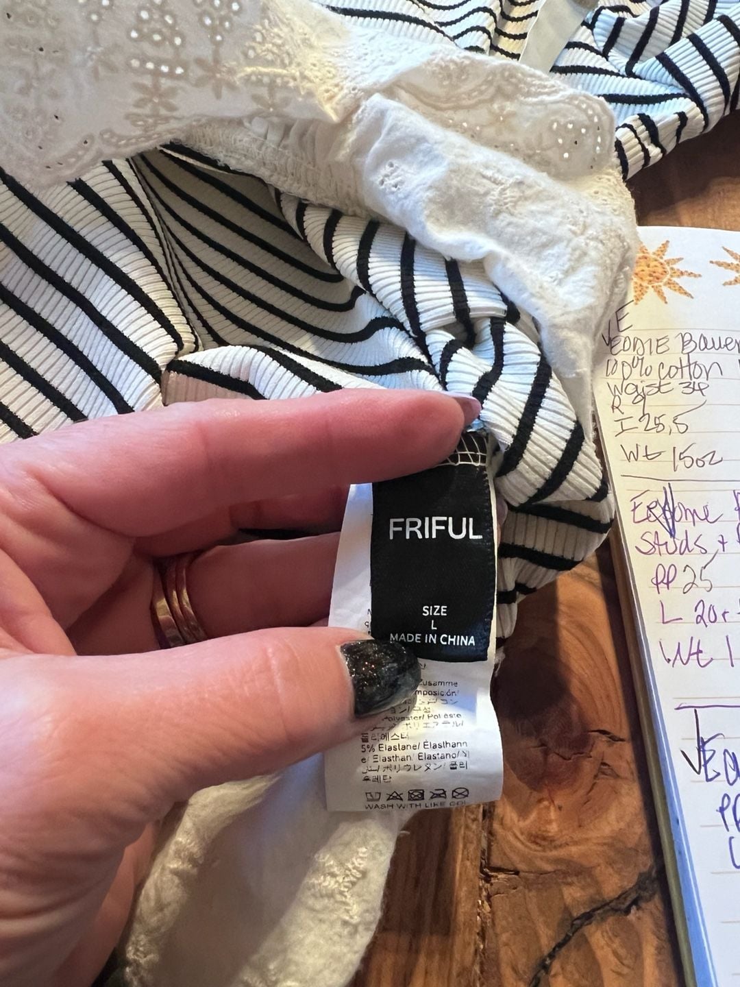 Friful Black White Striped Long Sleeve Top Size L Ruffled Hem 7