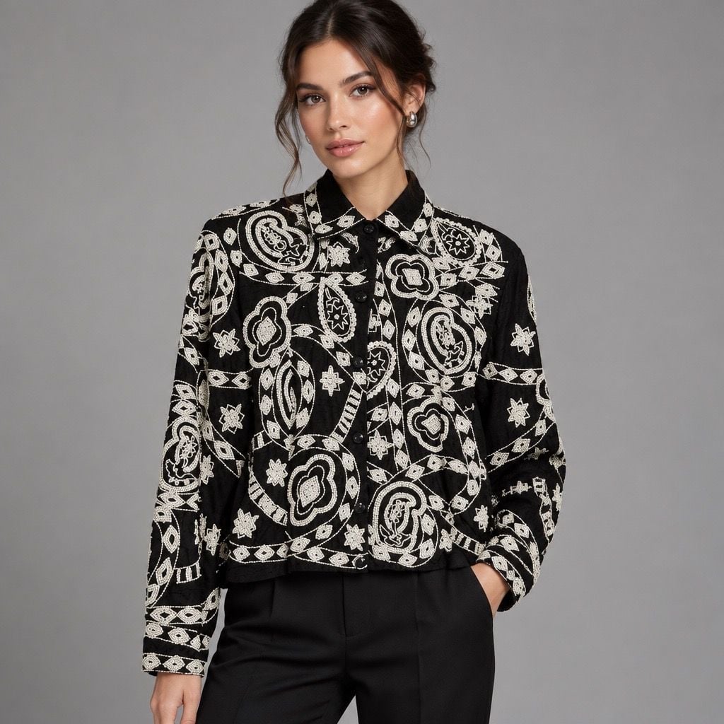 Vintage Beaded Silk Jacket Black White Floral Size L 2