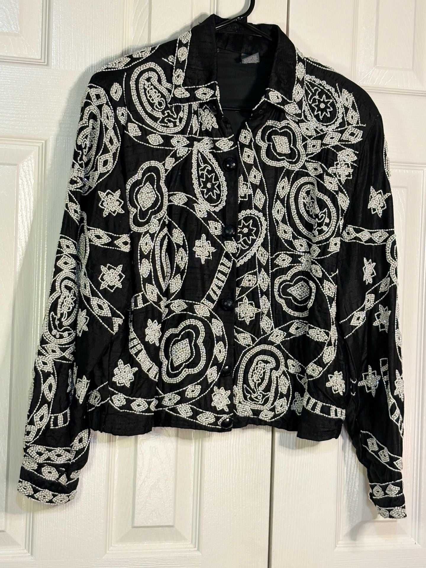 Vintage Beaded Silk Jacket Black White Floral Size L 4
