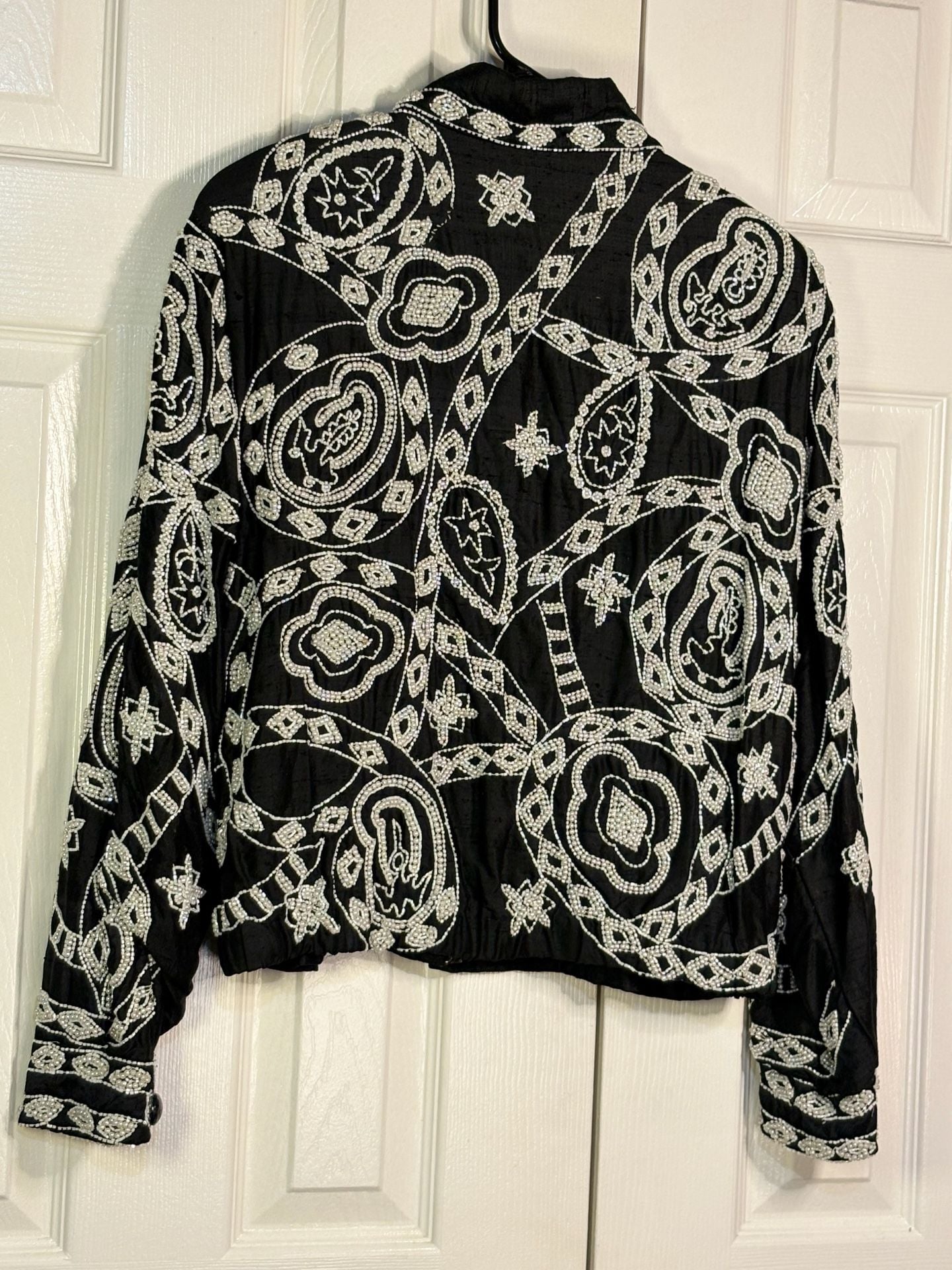 Vintage Beaded Silk Jacket Black White Floral Size L 5