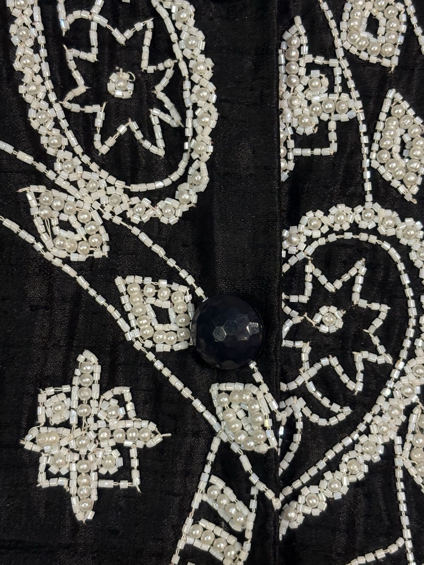 Vintage Beaded Silk Jacket Black White Floral Size L 8