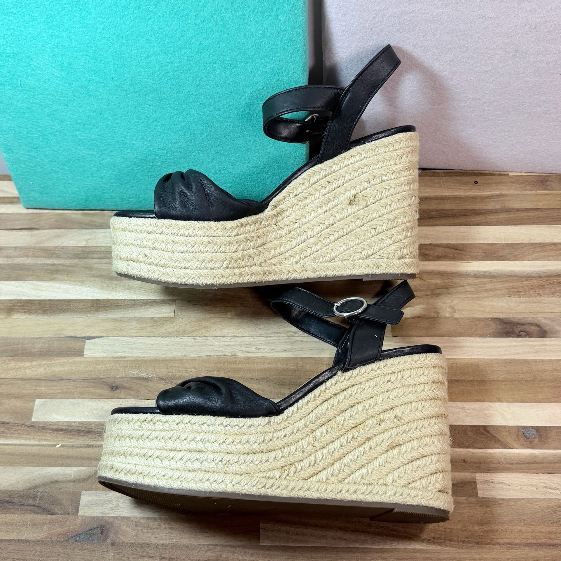 Crown Vintage Espadrille Wedge Sandals Black Leather 3