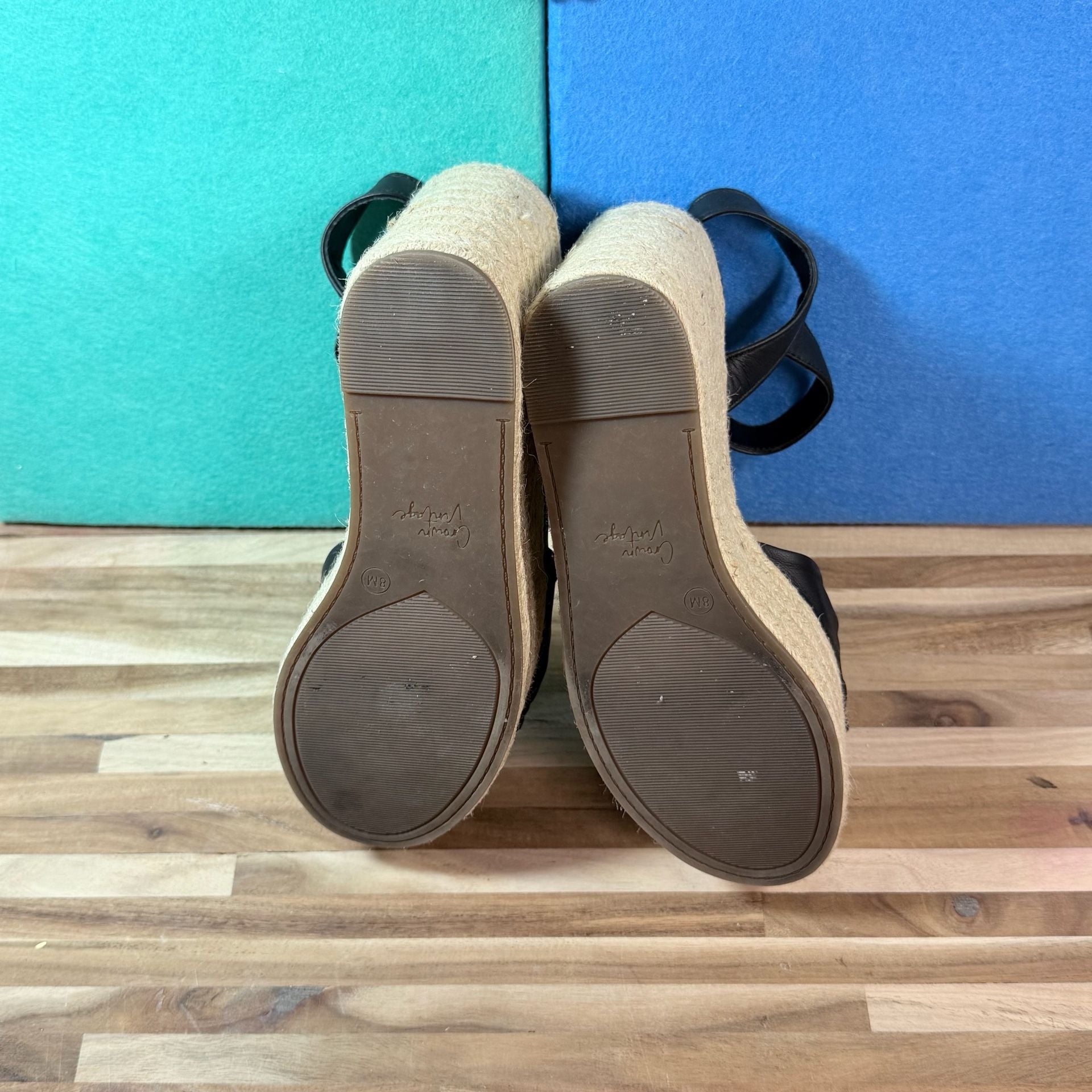 Crown Vintage Espadrille Wedge Sandals Black Leather 4