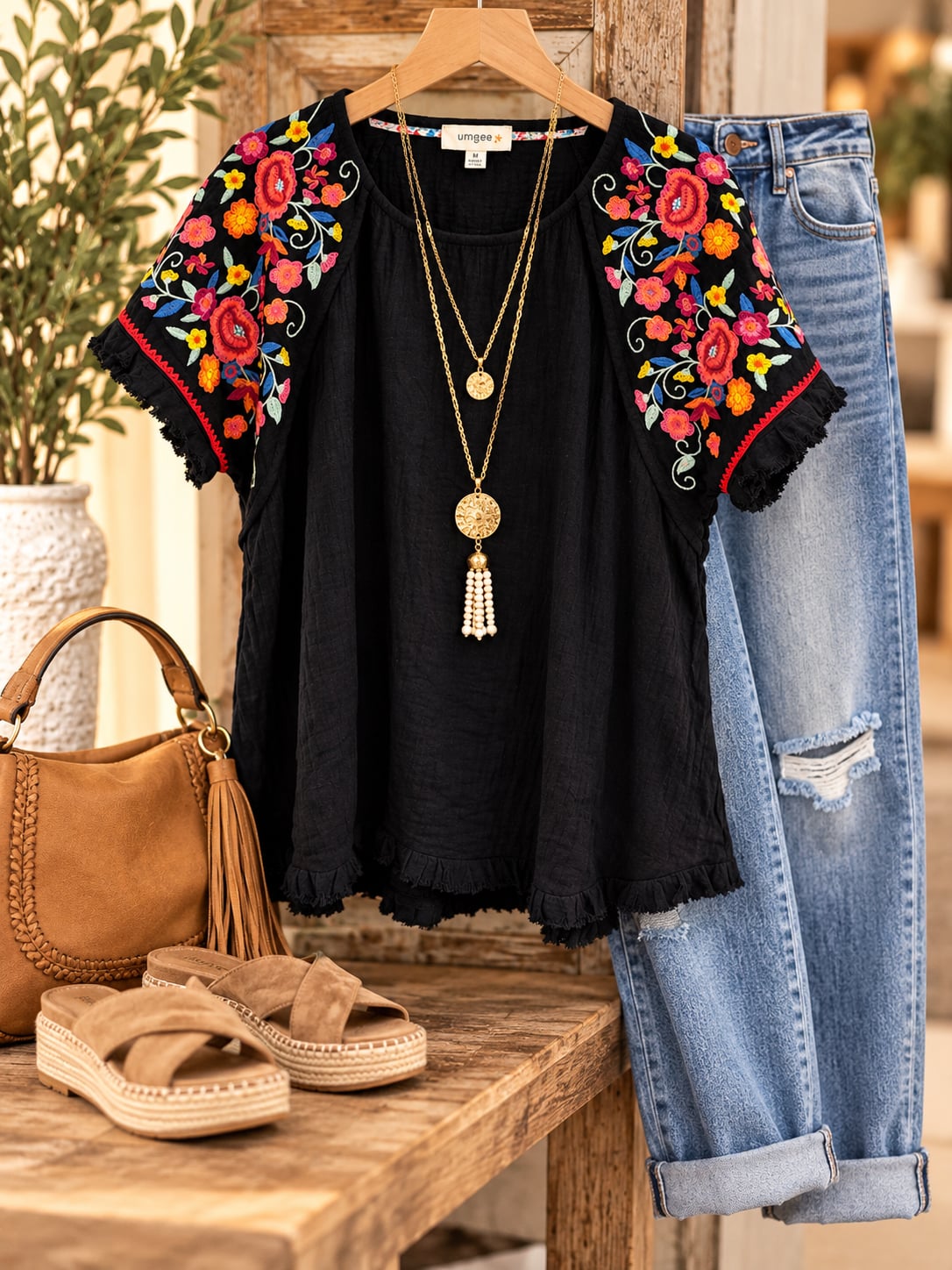 NWT Umgee boutiqueEmbroidered Top Black Floral Short Sleeve Shirt Sz XL 3