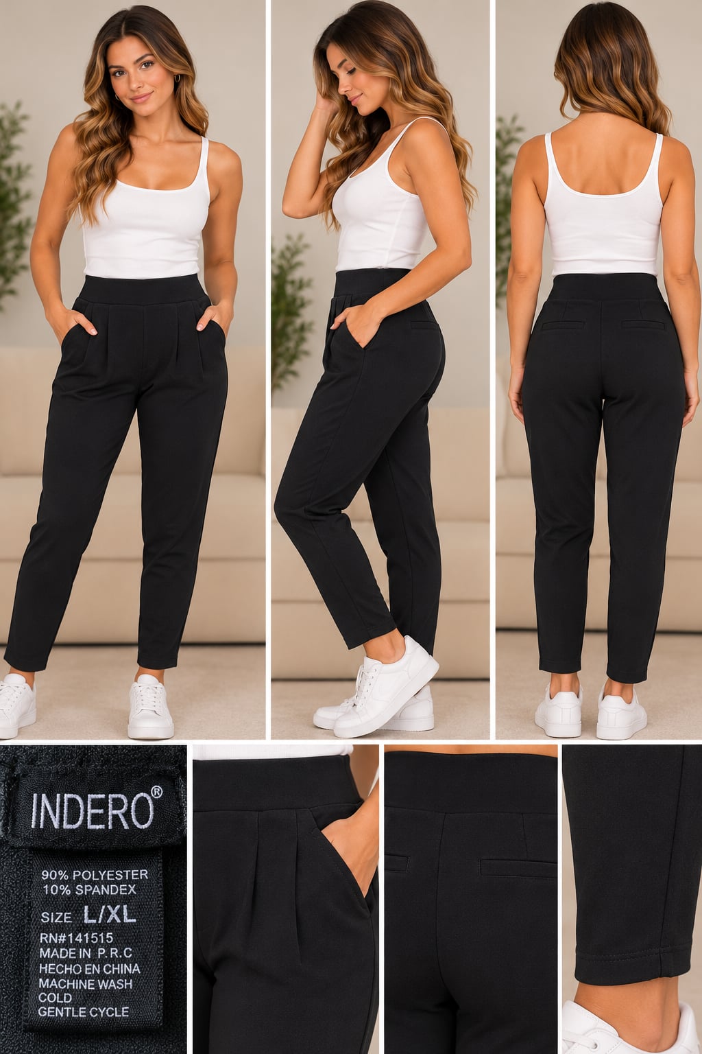 Indero High Waist Pleated Tapered Pants Size L/XL Black 2