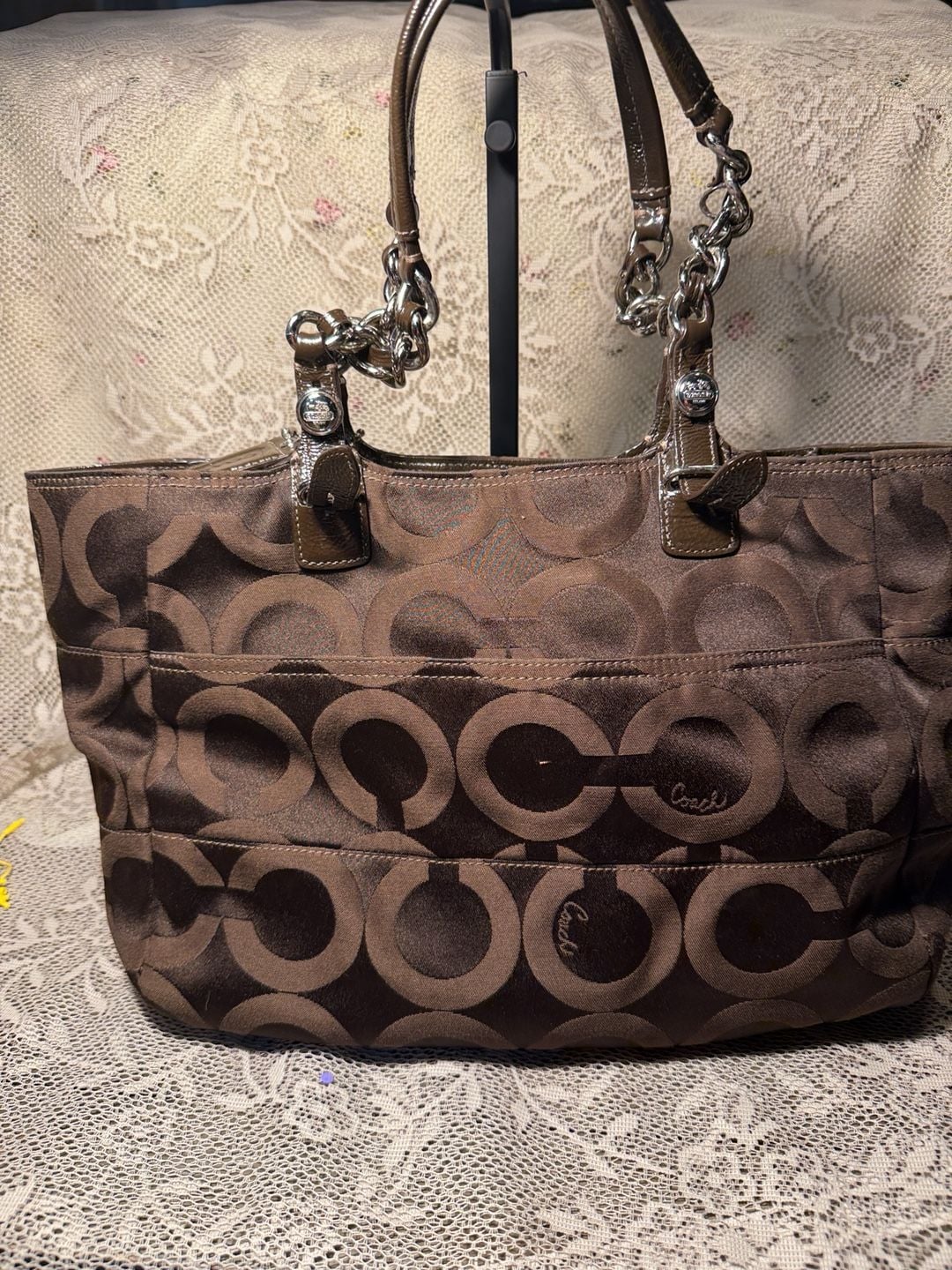 LUP 10 Coach Signature C Tote Bag Brown Canvas Pink Lining 2