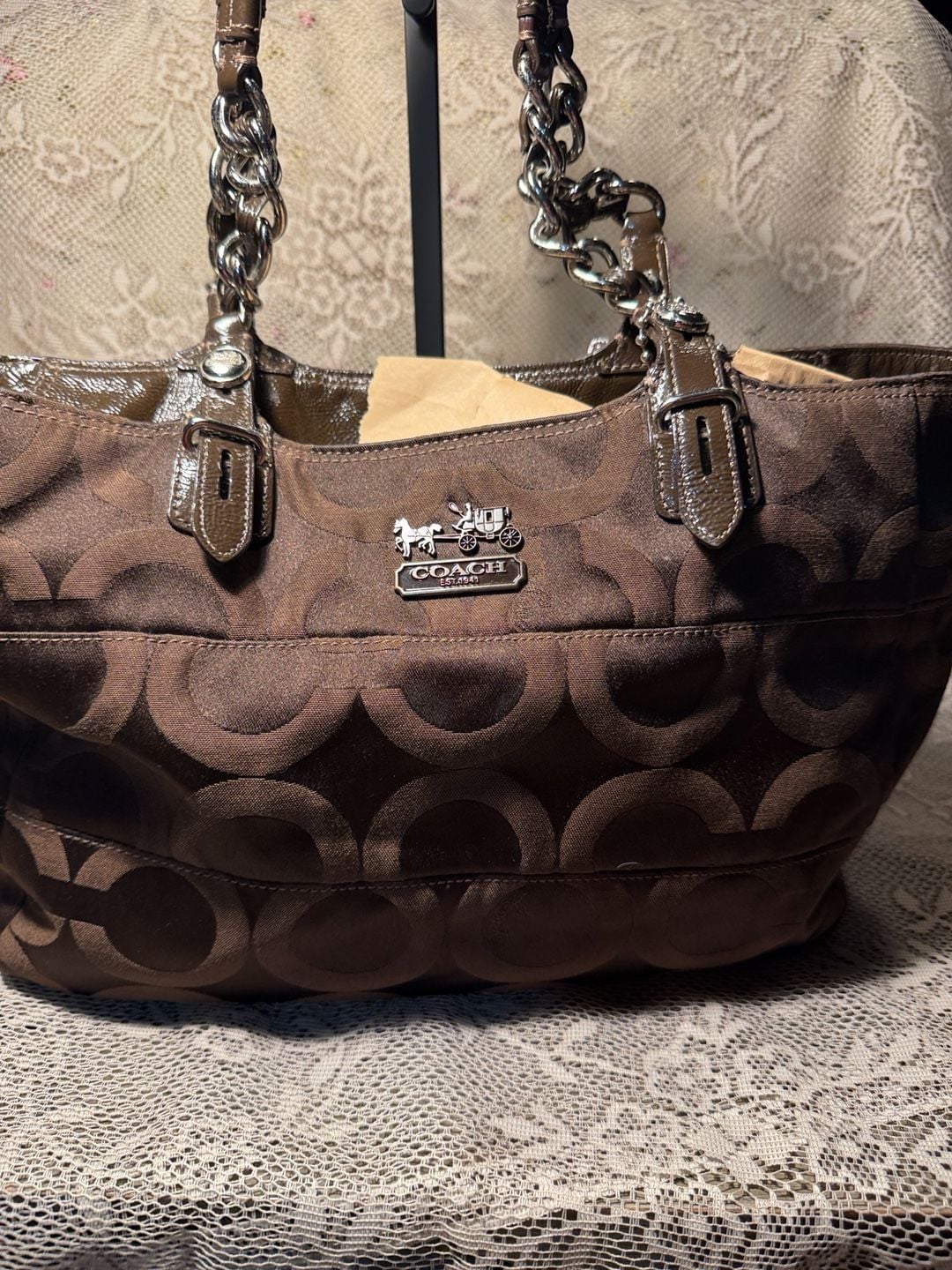 LUP 10 Coach Signature C Tote Bag Brown Canvas Pink Lining 3