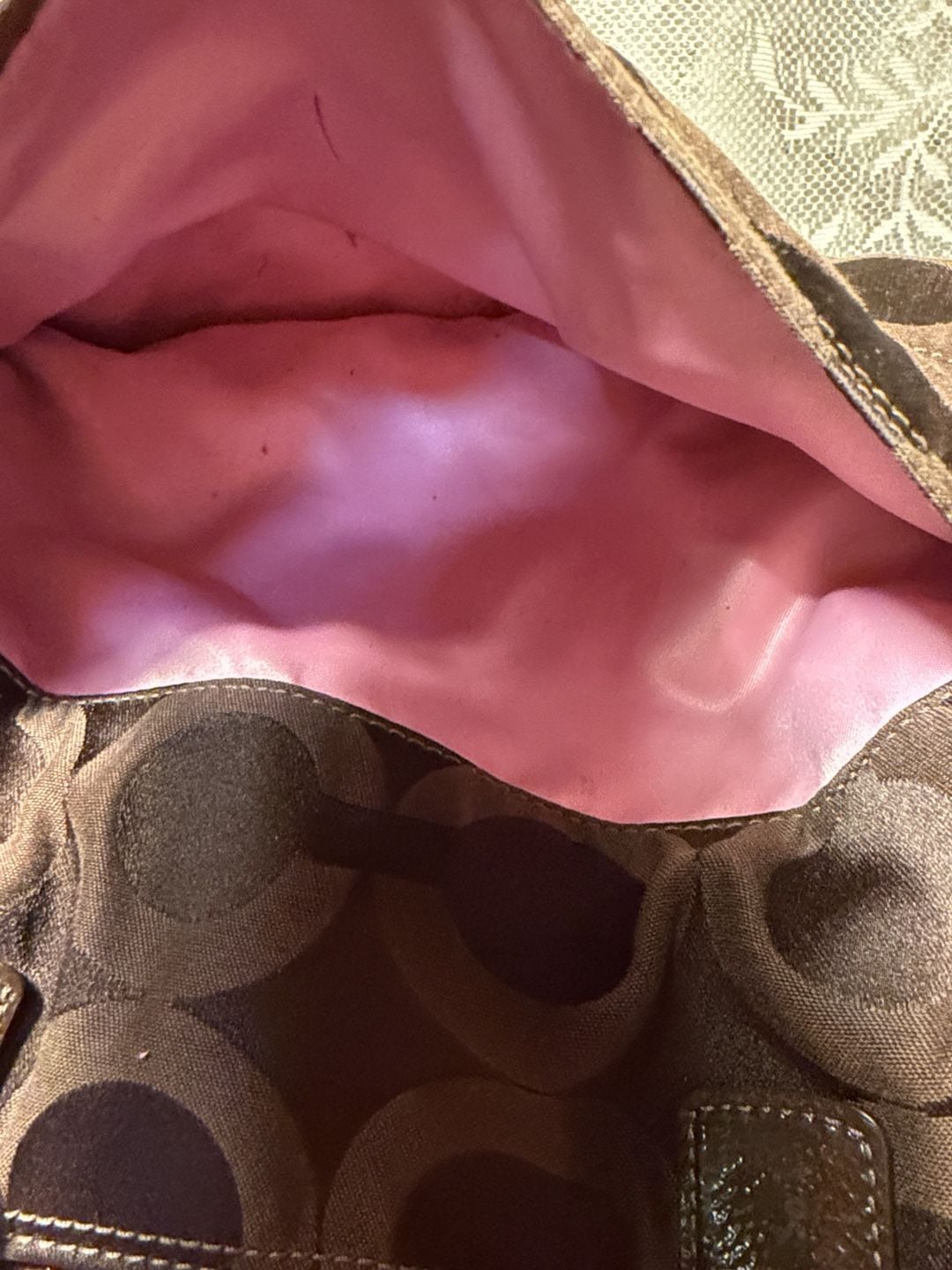 LUP 10 Coach Signature C Tote Bag Brown Canvas Pink Lining 7