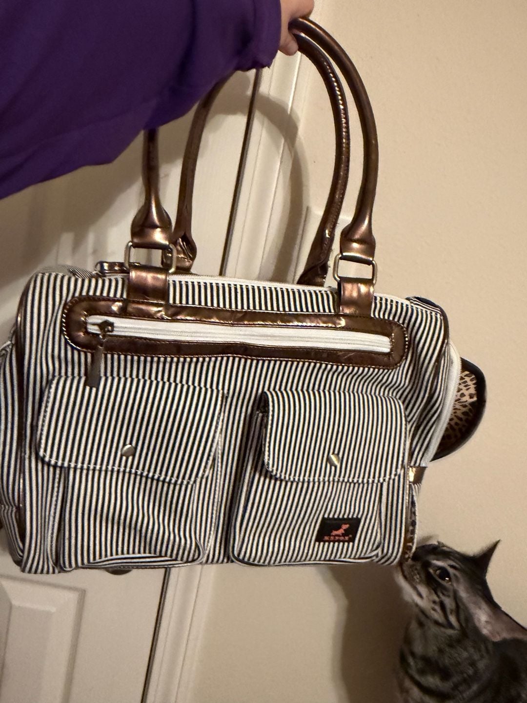 Kenox Striped Pet Carrier Handbag Leopard Print Lining 1