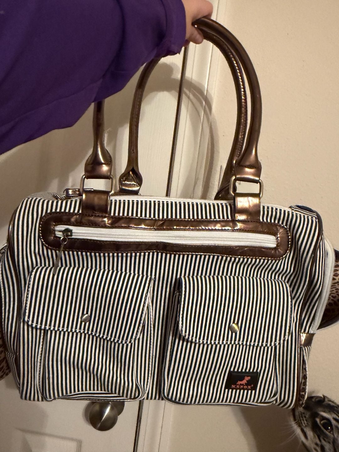 Kenox Striped Pet Carrier Handbag Leopard Print Lining 9