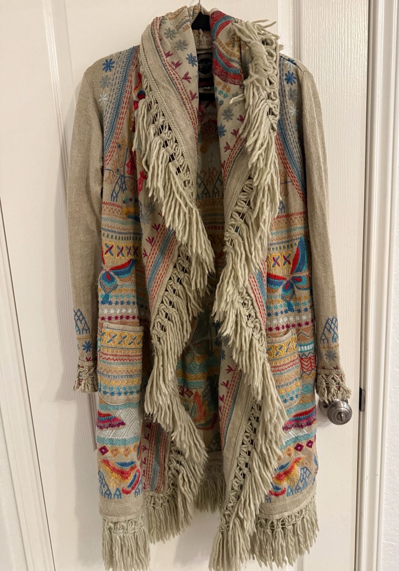 Johnny Was Biya Fringe Embroidered Hooded Duster Cardigan Coat Size S Butterfly Boho 2