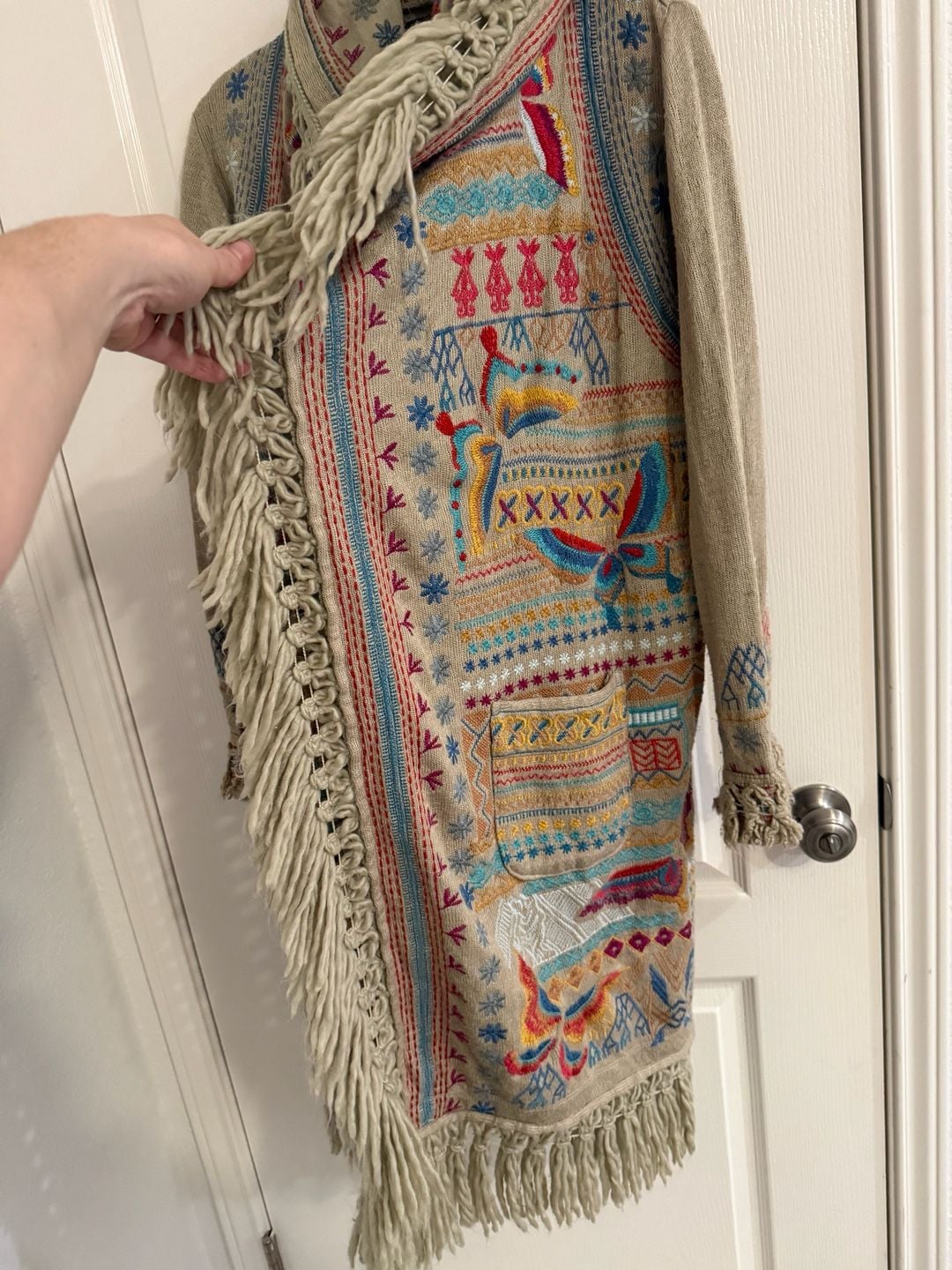 Johnny Was Biya Fringe Embroidered Hooded Duster Cardigan Coat Size S Butterfly Boho 3