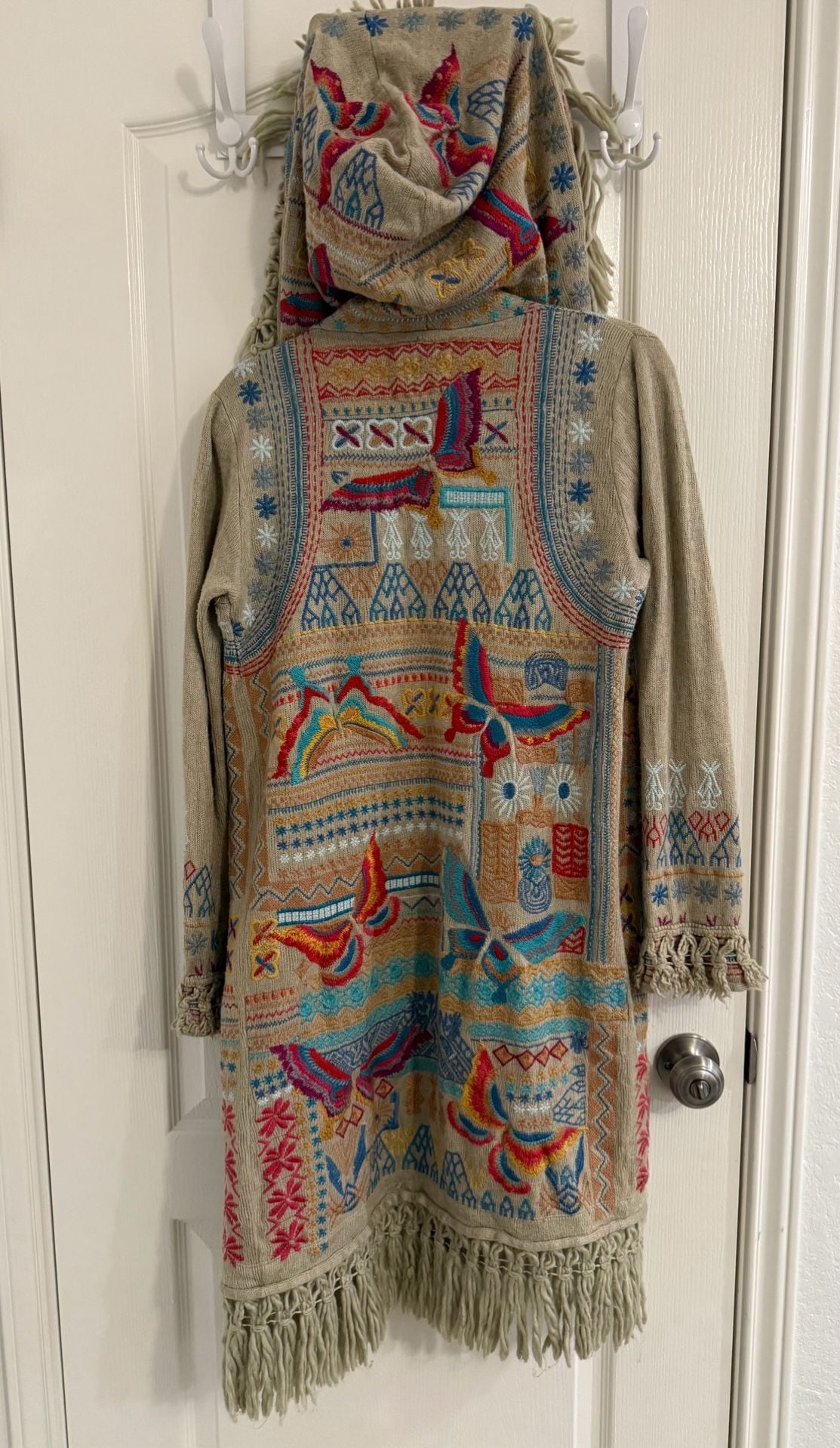 Johnny Was Biya Fringe Embroidered Hooded Duster Cardigan Coat Size S Butterfly Boho 7