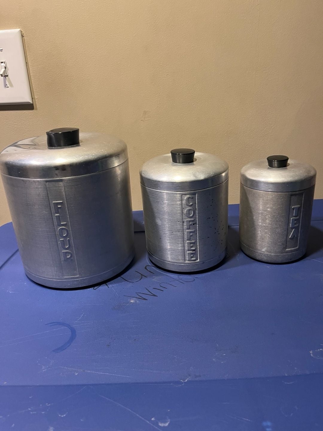 Vintage Spun Aluminum Canister Set Flour Coffee Tea 1