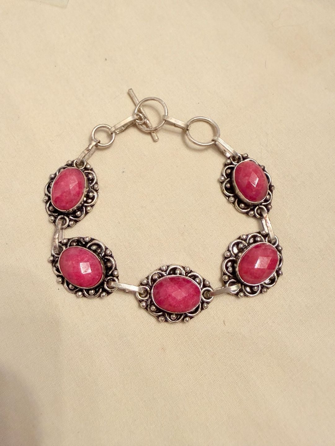 Sterling Silver 925 Pink Stone Faceted Toggle Link Bracelet 2