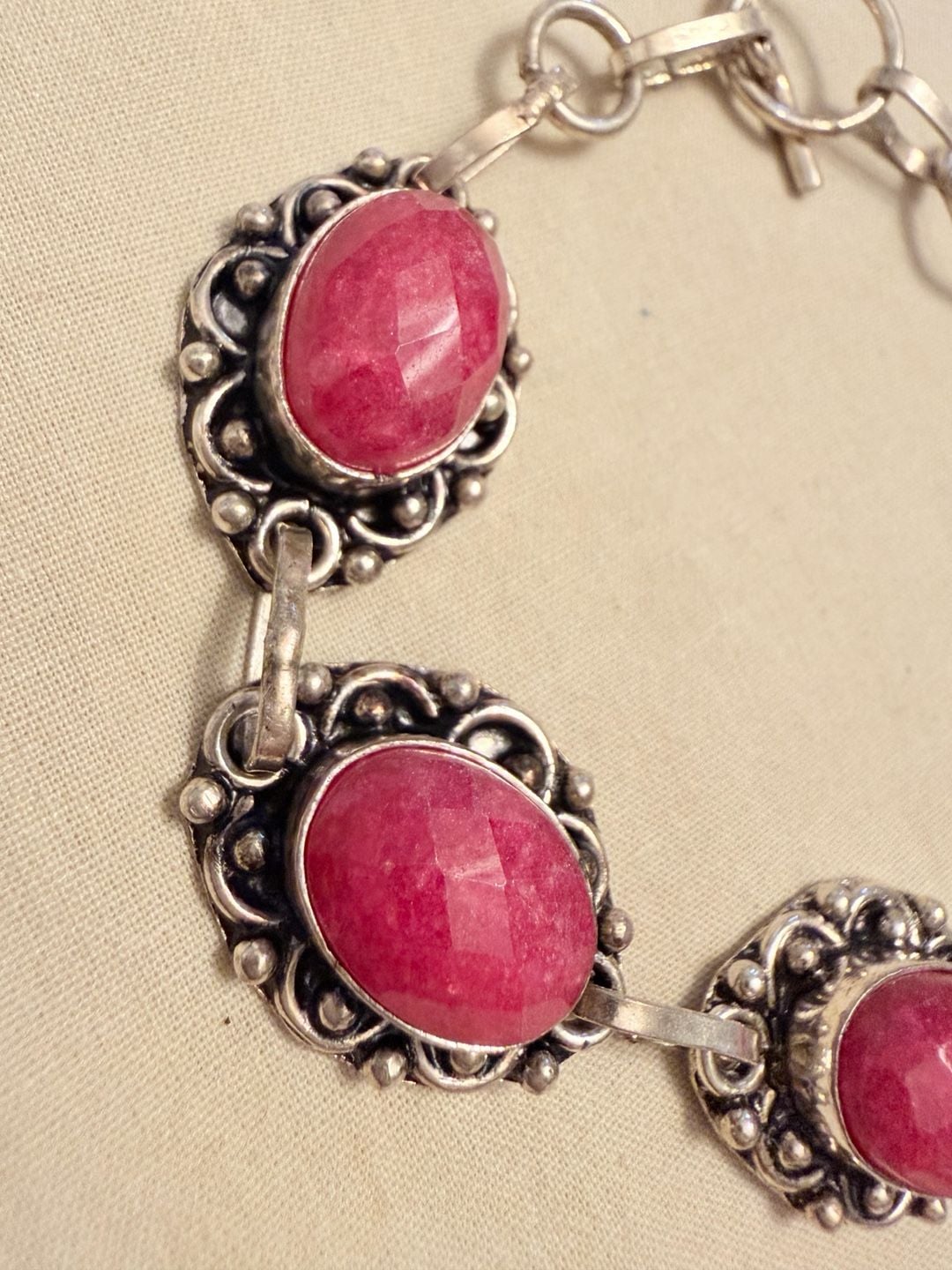 Sterling Silver 925 Pink Stone Faceted Toggle Link Bracelet 3