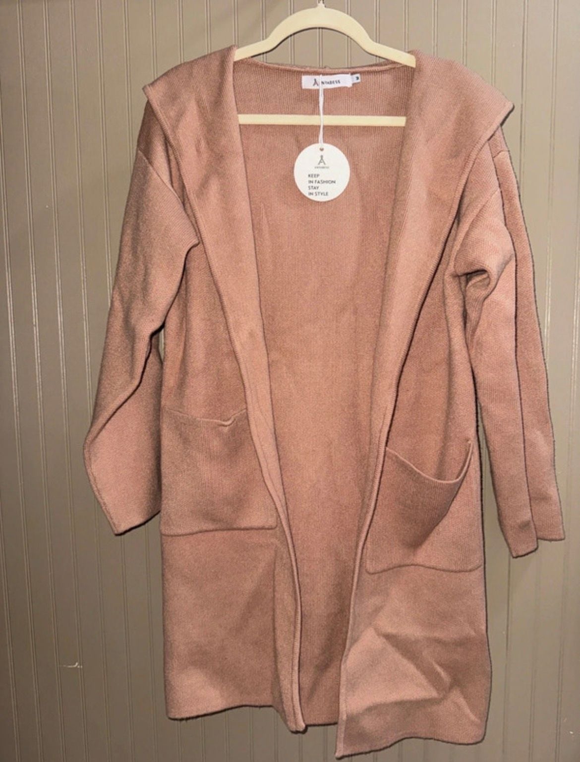 Anrabess Hooded Cardigan Size M Pink Open Front Pocket Sweater 2