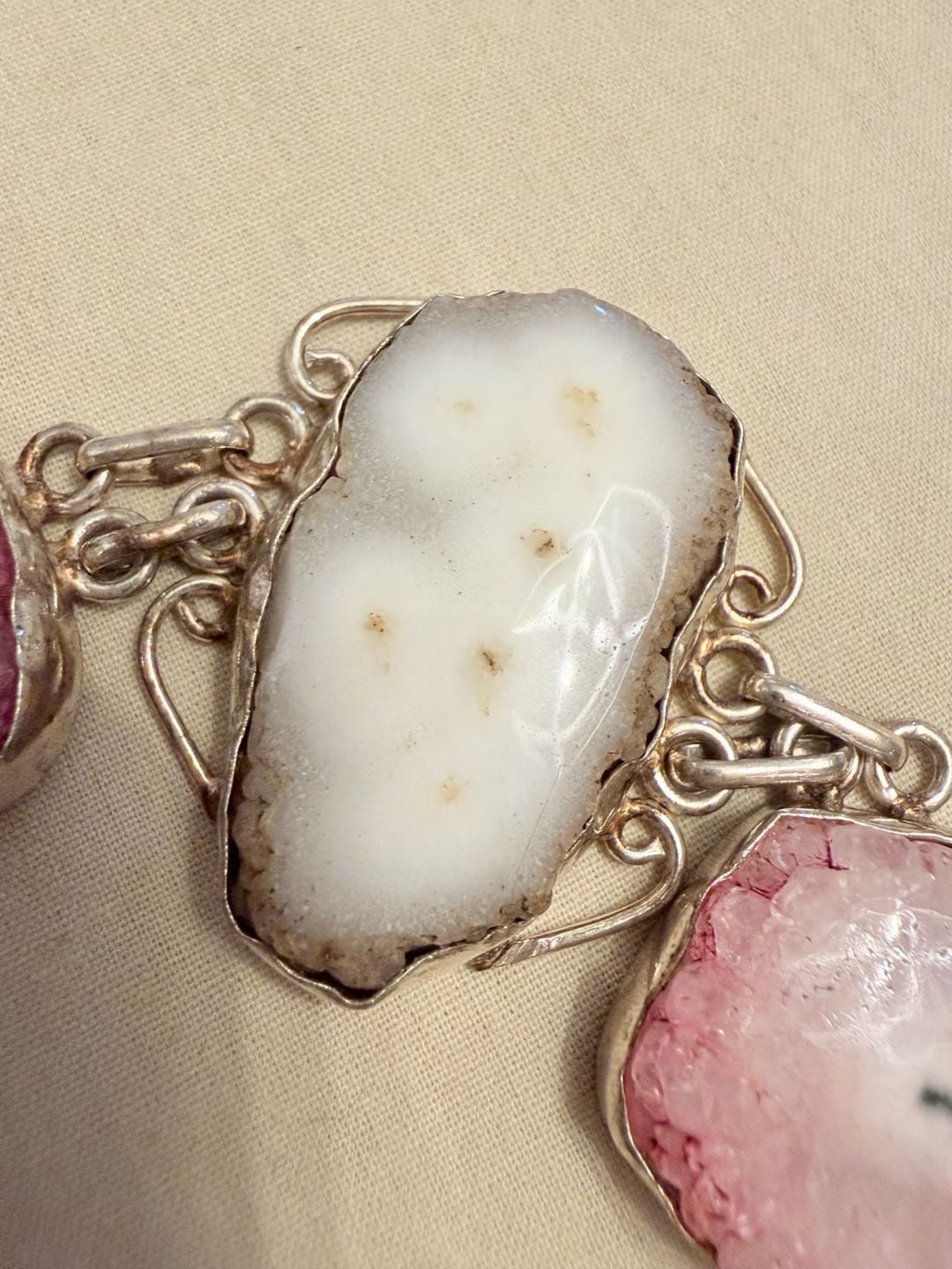 Handmade 925 Sterling Silver Pink & White Druzy Agate Toggle Bracelet 3