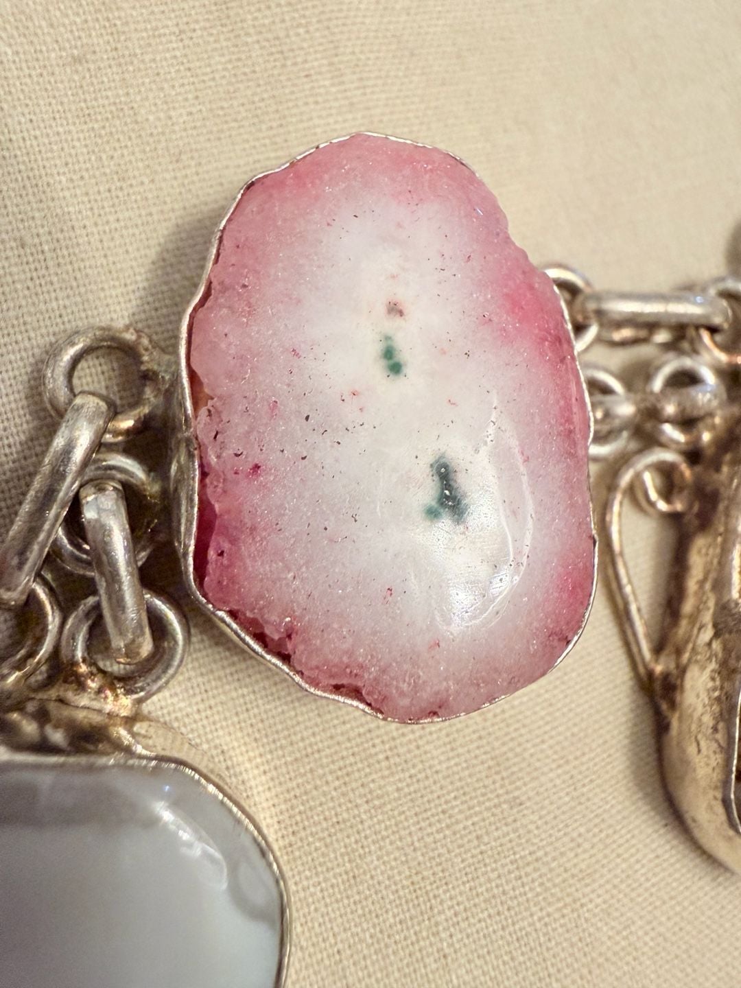 Handmade 925 Sterling Silver Pink & White Druzy Agate Toggle Bracelet 4
