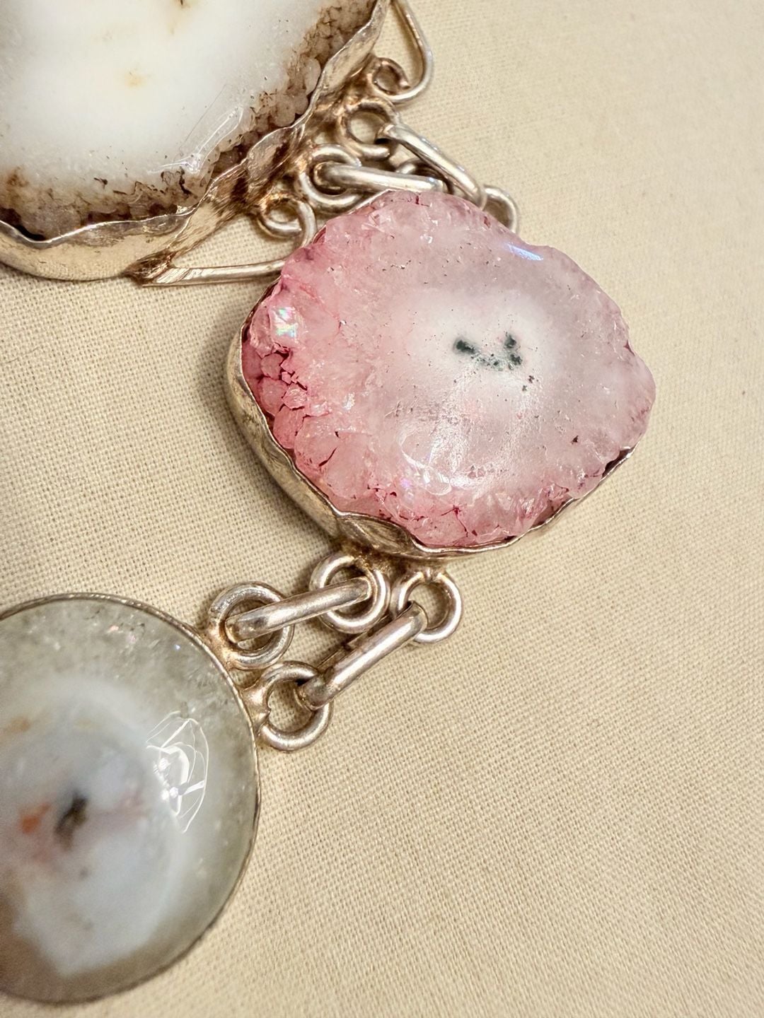 Handmade 925 Sterling Silver Pink & White Druzy Agate Toggle Bracelet 5