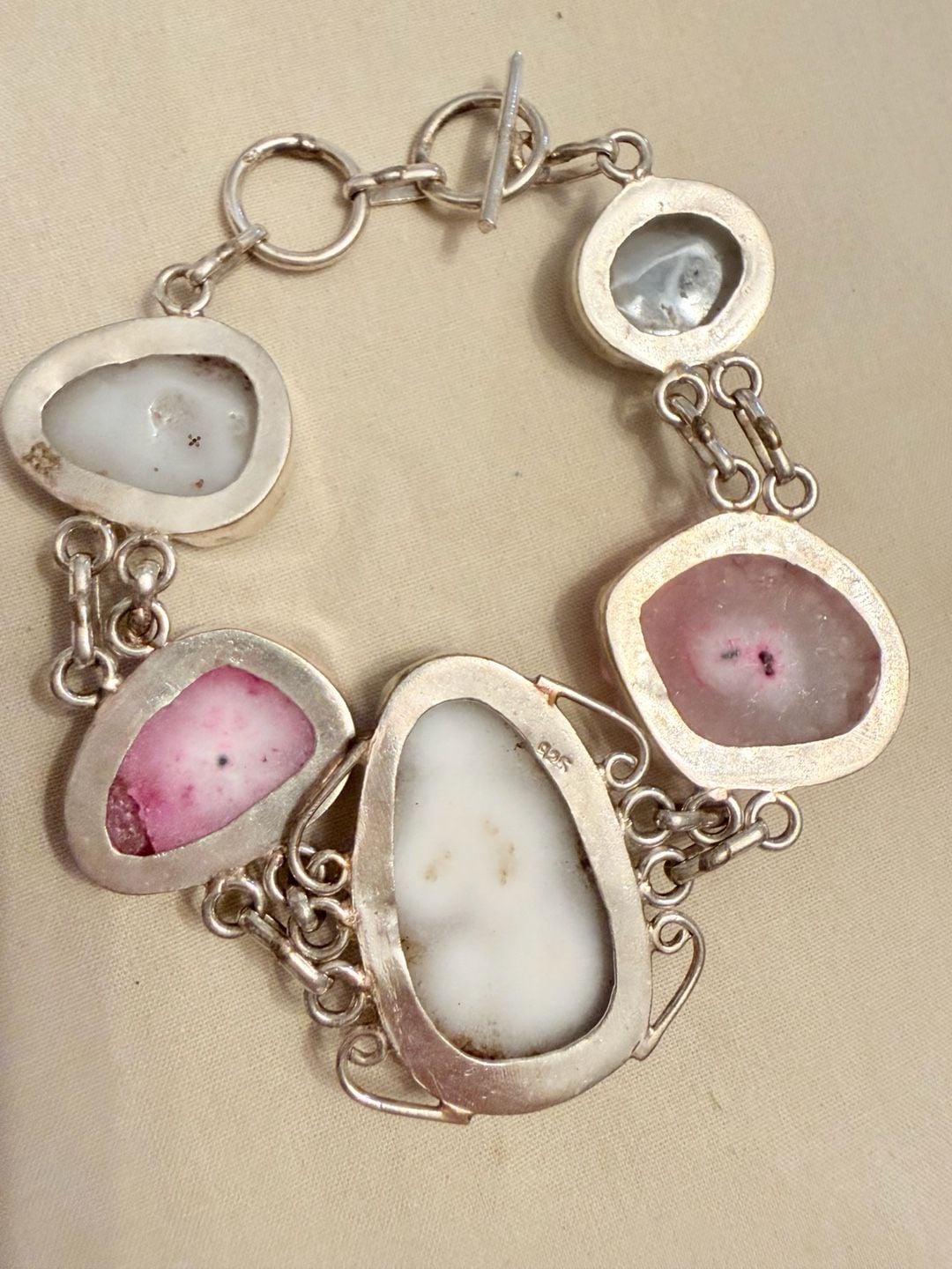Handmade 925 Sterling Silver Pink & White Druzy Agate Toggle Bracelet 6