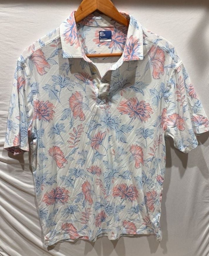 Rec+Relax Floral Polo Shirt Size L White Pink Blue Golf 2
