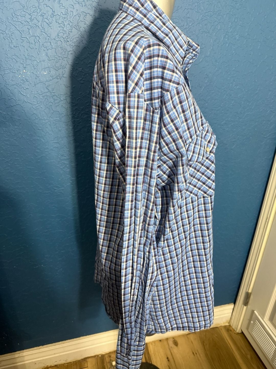 Vintage Wrangler Western Shirt Mens XL Tall Blue Plaid Pearl Snap Cowboy XLT 4