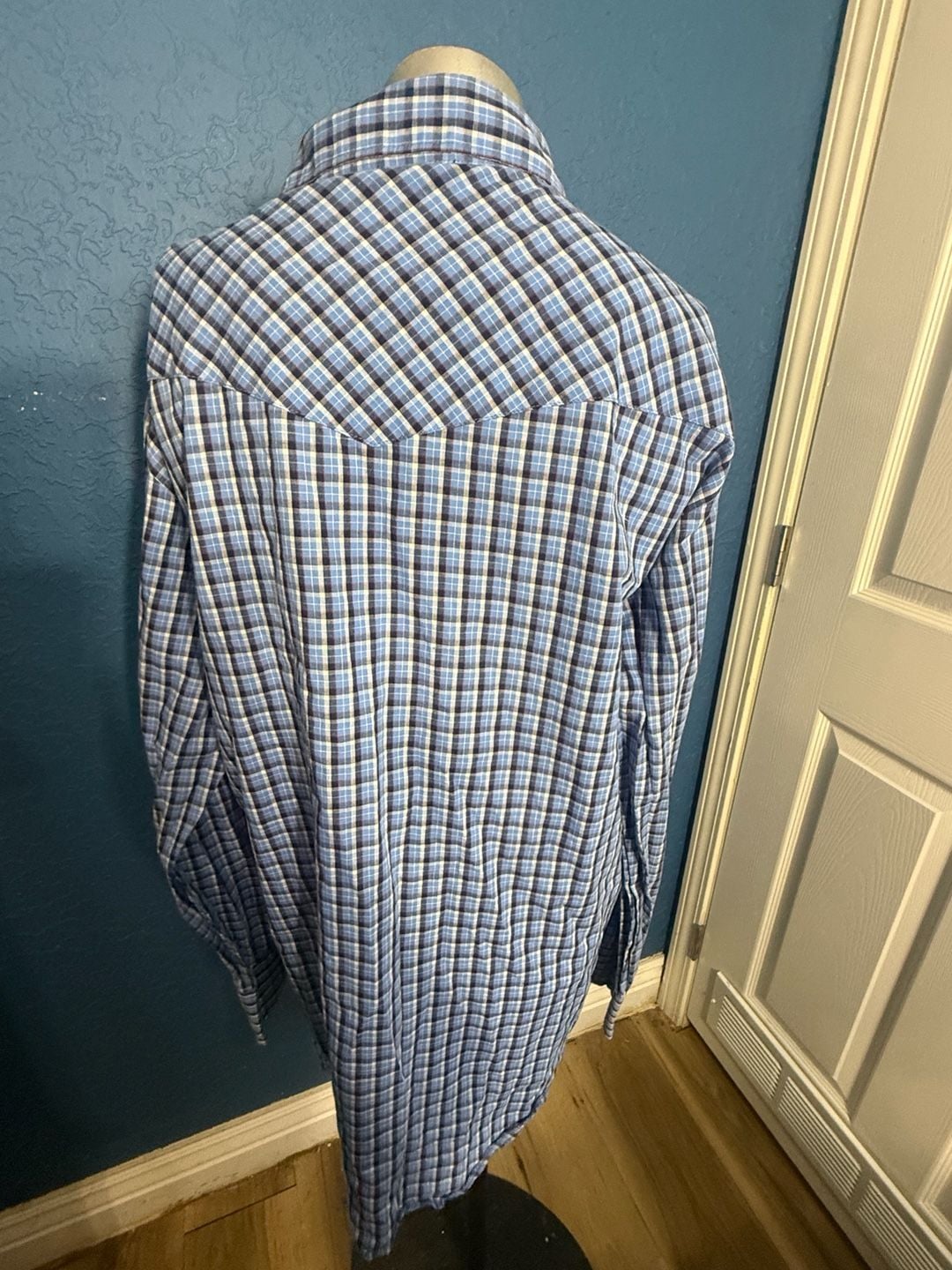 Vintage Wrangler Western Shirt Mens XL Tall Blue Plaid Pearl Snap Cowboy XLT 5