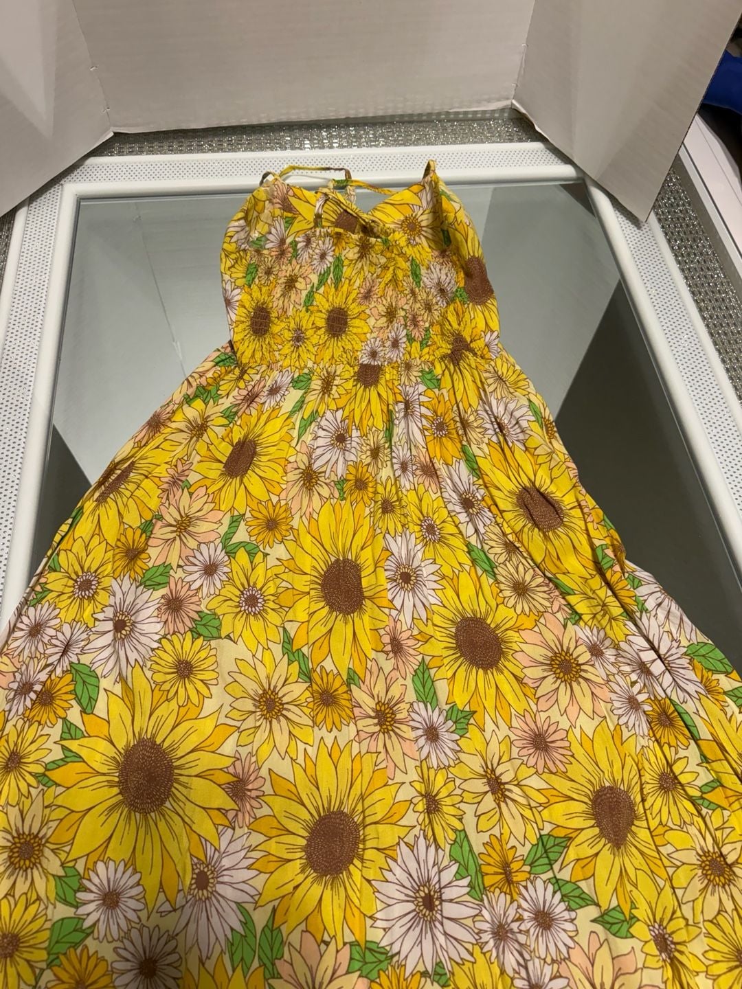 Jolie & Joy Sunflower Floral Midi Dress Size S Yellow Smocked Back Slit 8