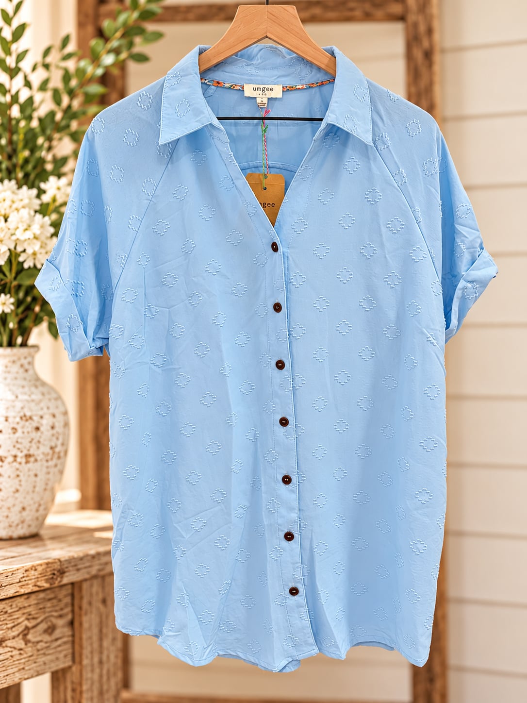 NWT Umgee Boutique Short Sleeve Button Down Shirt Blouse Top Sz L 2
