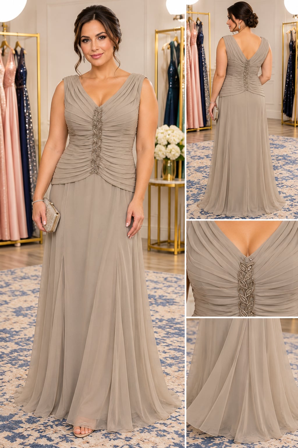 Taupe Chiffon Beaded Ruched V-Neck Formal Evening Gown Size 14 2