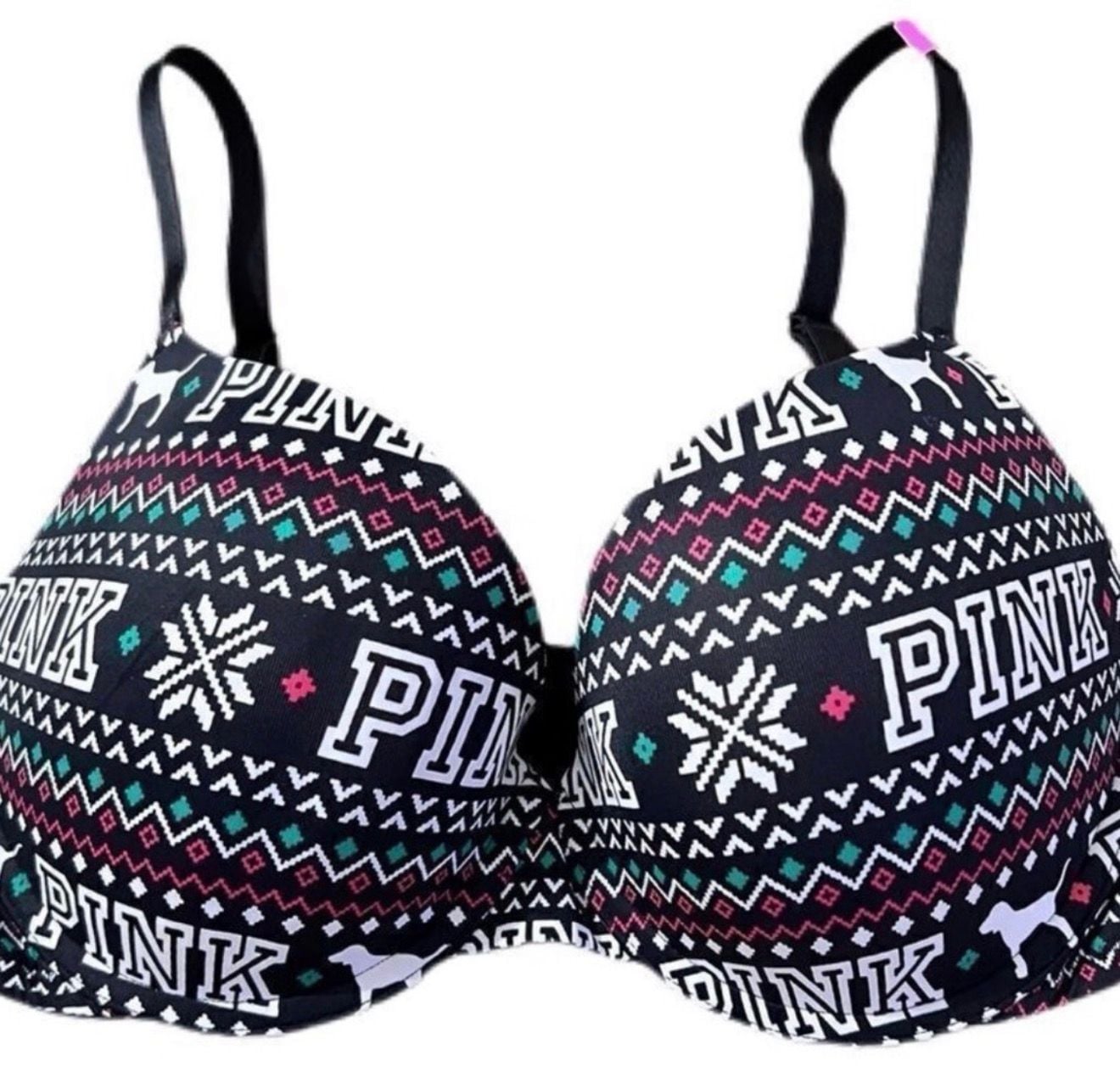 Victoria's Secret Pink Fair Isle Push Up Bra Black White sz34B 2