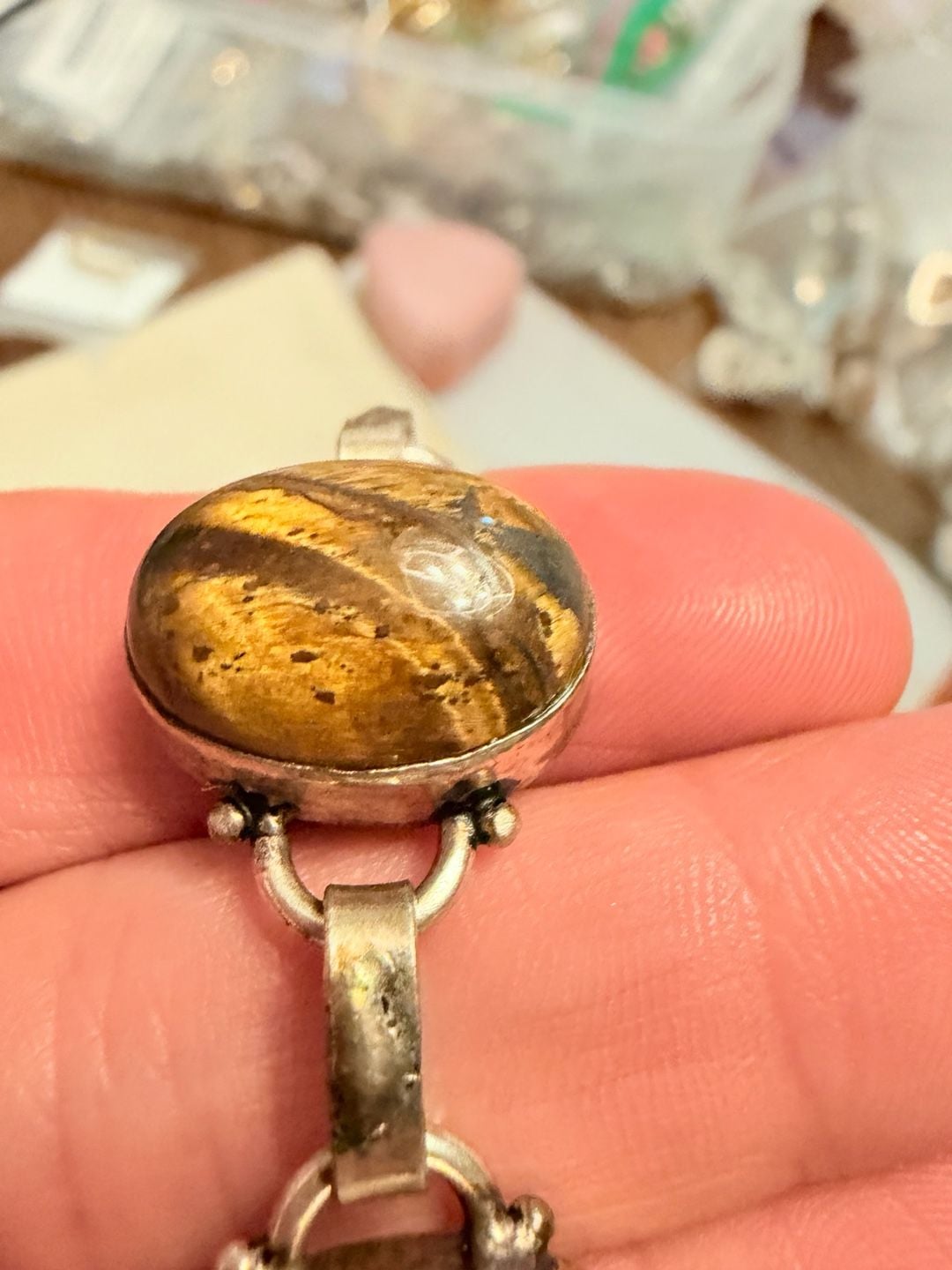 Vintage Sterling Silver 925 Tiger's Eye Gemstone Link Bracelet 4