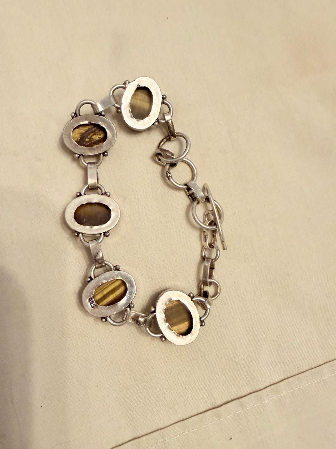 Vintage Sterling Silver 925 Tiger's Eye Gemstone Link Bracelet 6