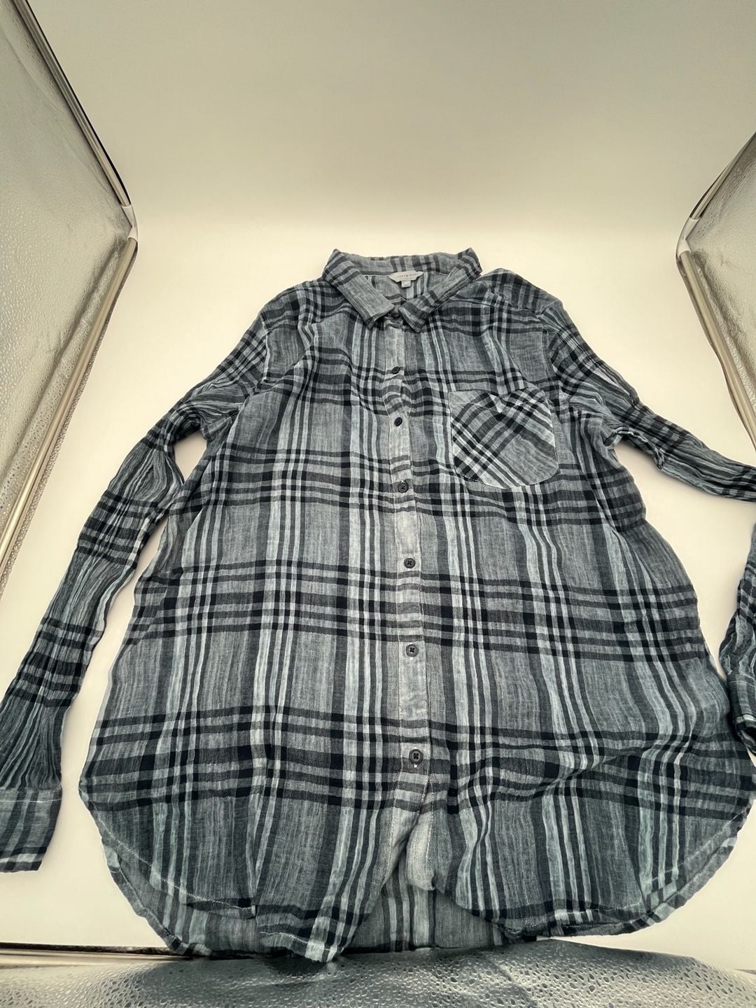 Women’s Lucky Brand Plaid Button Down Shirt Blue Black Long Sleeve lightweight 2