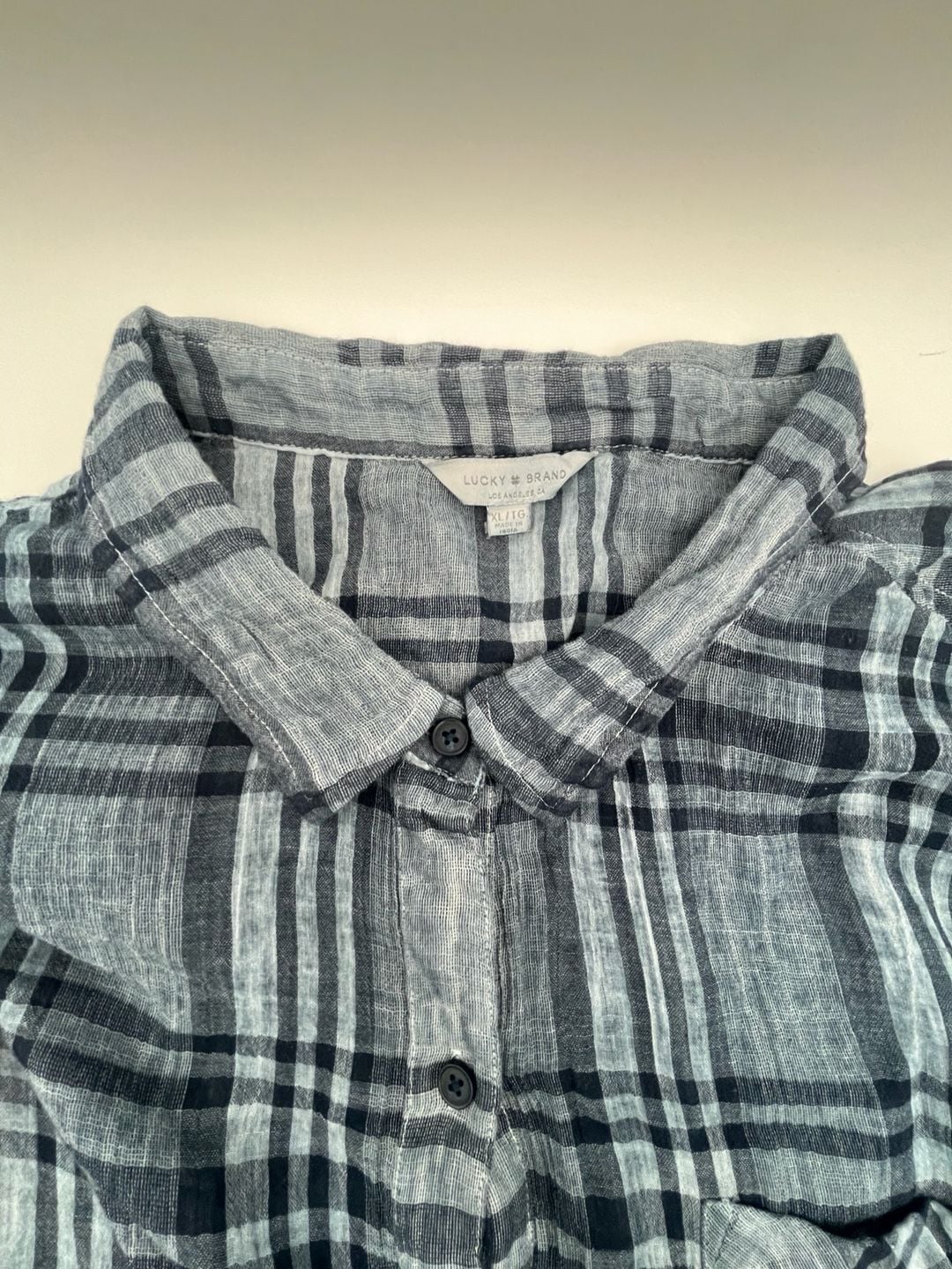 Women’s Lucky Brand Plaid Button Down Shirt Blue Black Long Sleeve lightweight 3