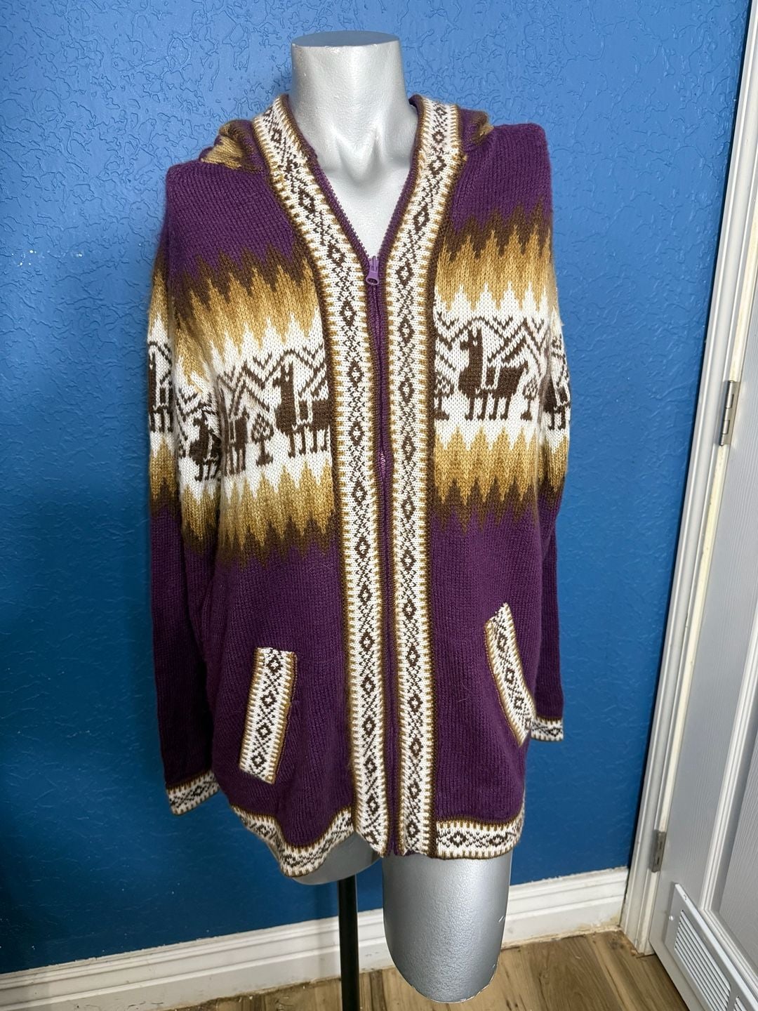 Vintage Peru Horse Sweater Womens M/L Purple Hooded Zip Cardigan Andean Boho 2