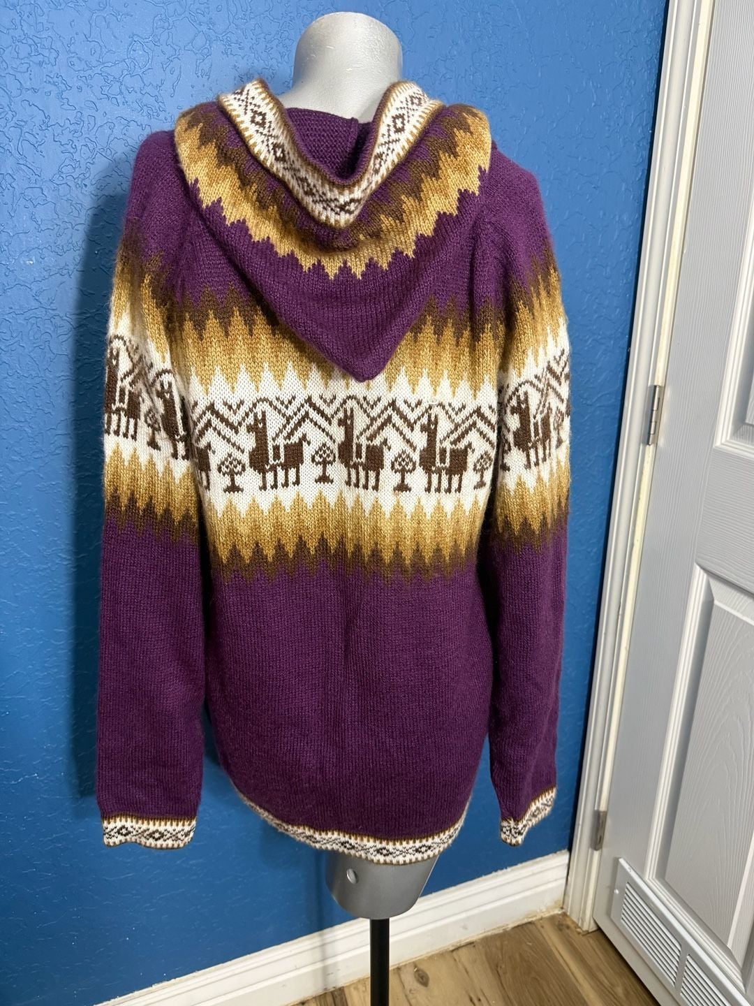 Vintage Peru Horse Sweater Womens M/L Purple Hooded Zip Cardigan Andean Boho 4